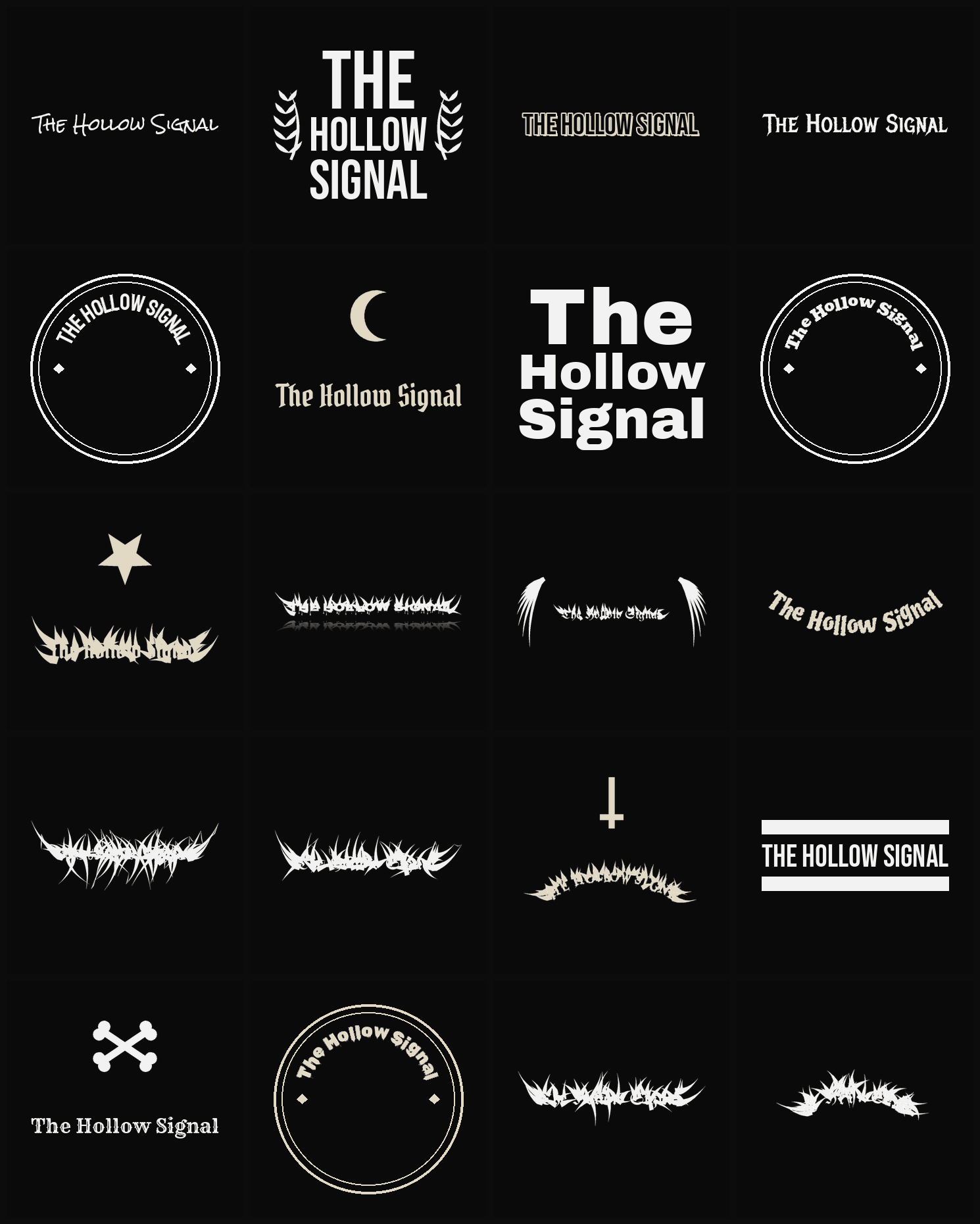 Twenty The Hollow Signal band logo ideas — different faces, treatments and spike settings