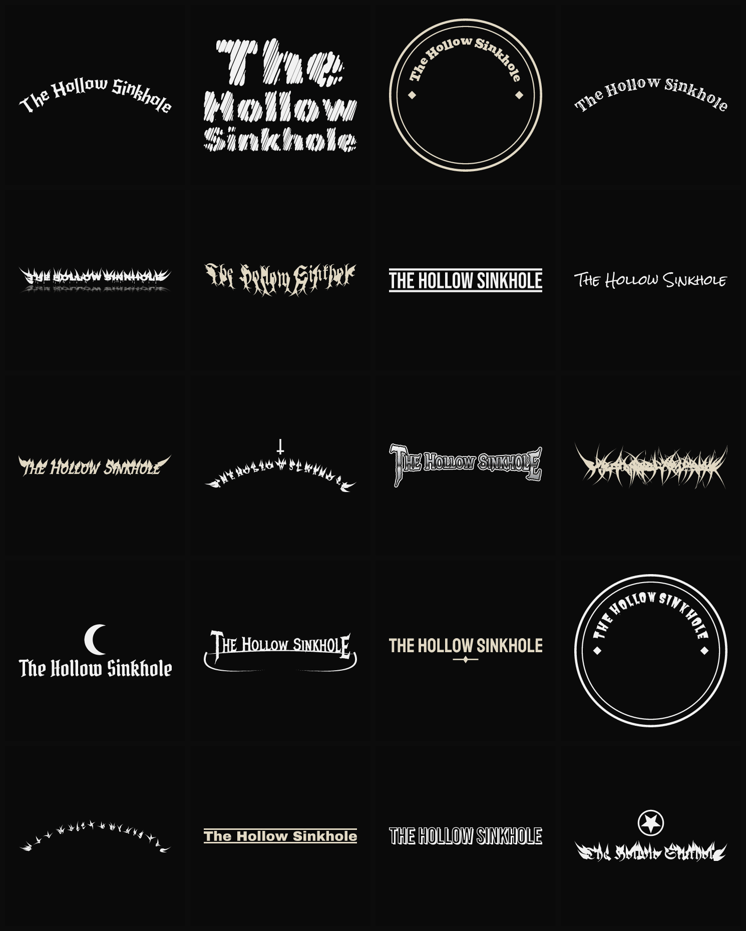 Twenty The Hollow Sinkhole band logo ideas — different faces, treatments and spike settings