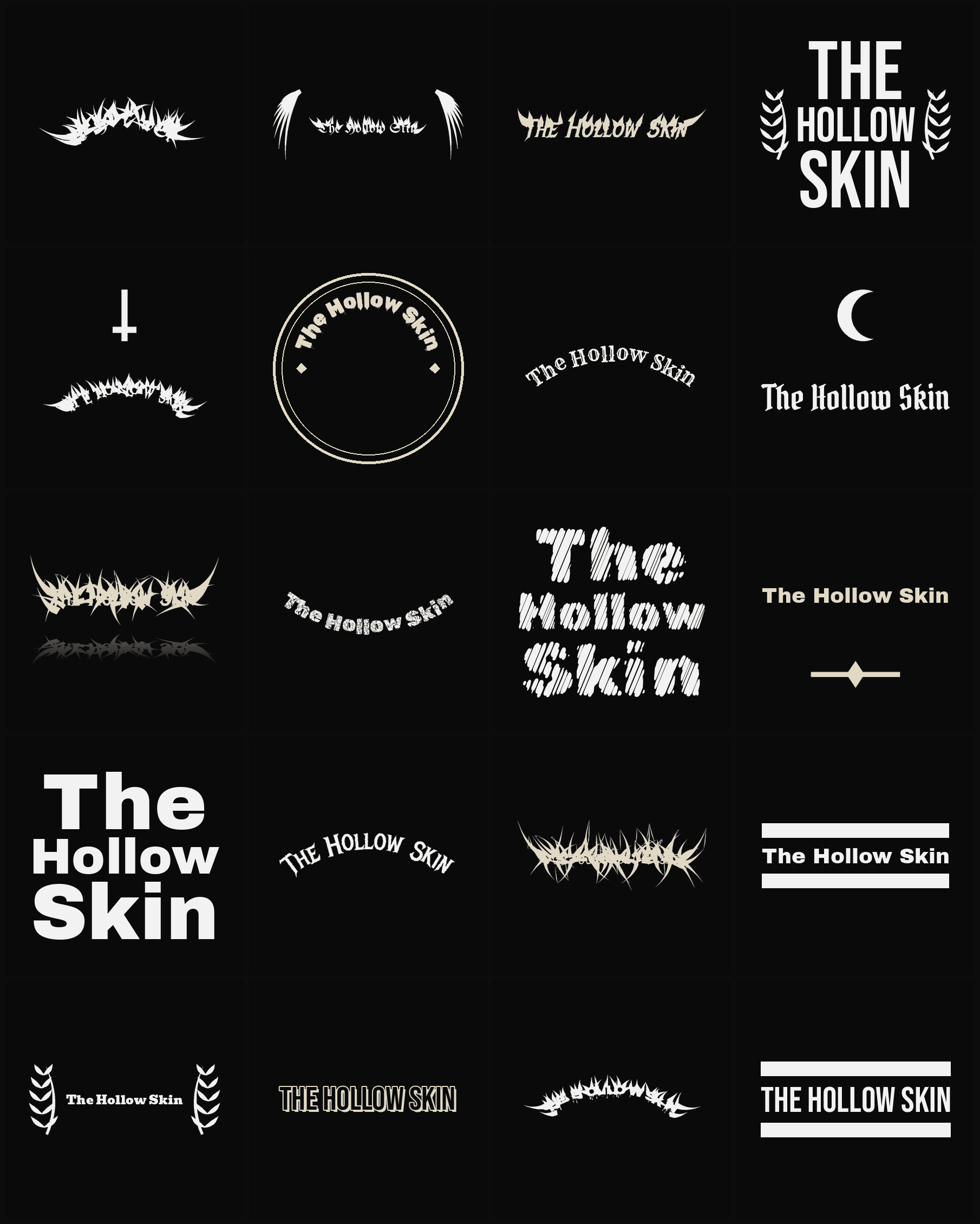 Twenty The Hollow Skin band logo ideas — different faces, treatments and spike settings