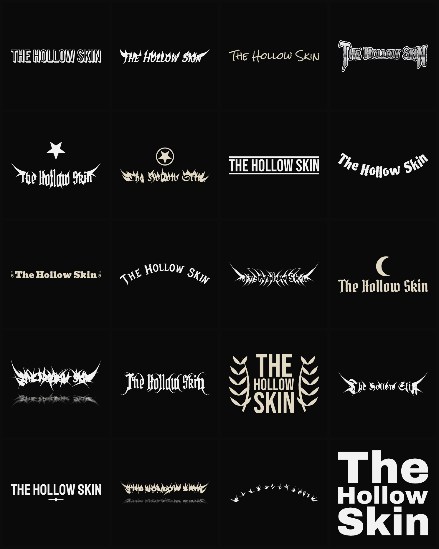 Twenty The Hollow Skin band logo ideas — different faces, treatments and spike settings