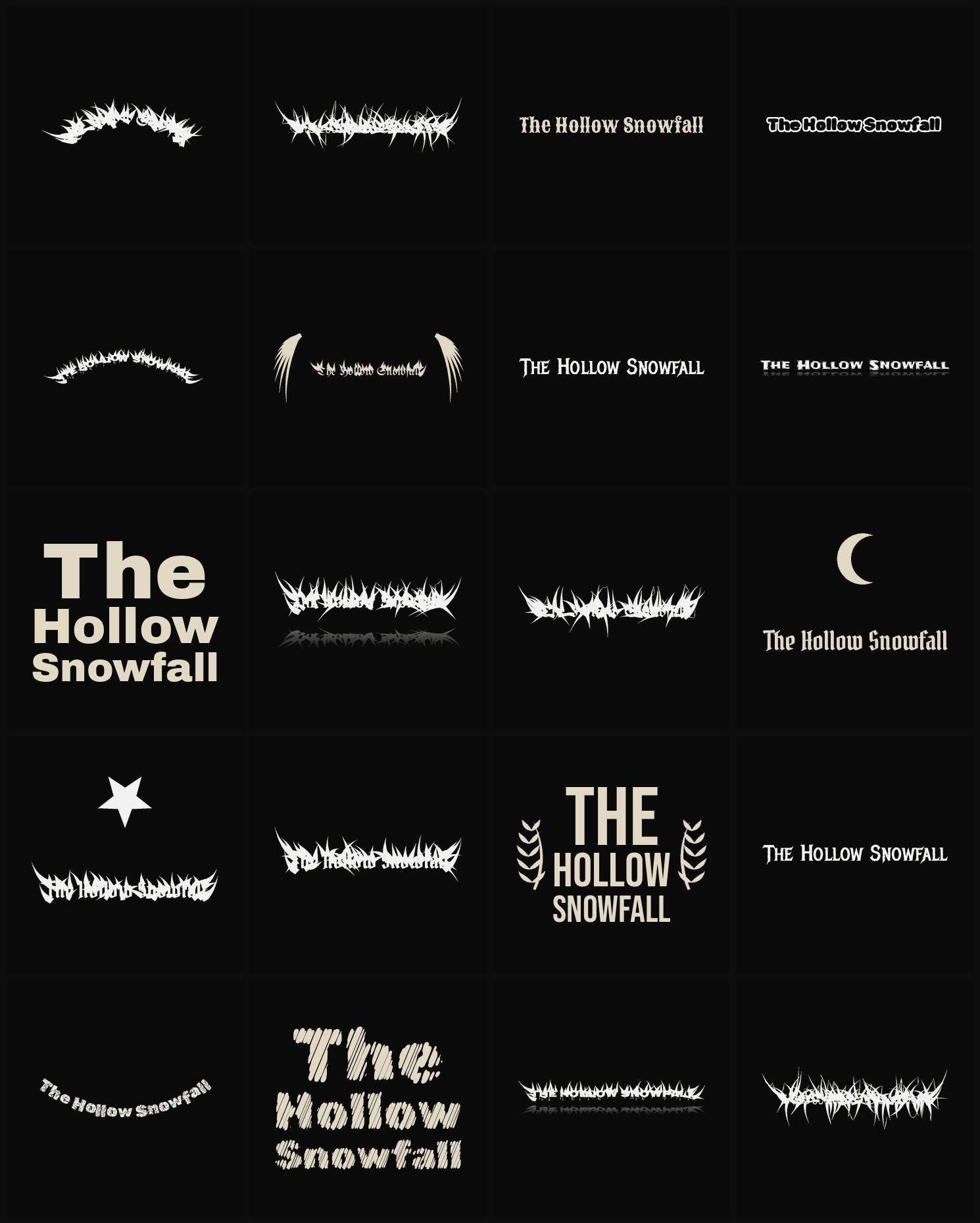 Twenty The Hollow Snowfall band logo ideas — different faces, treatments and spike settings