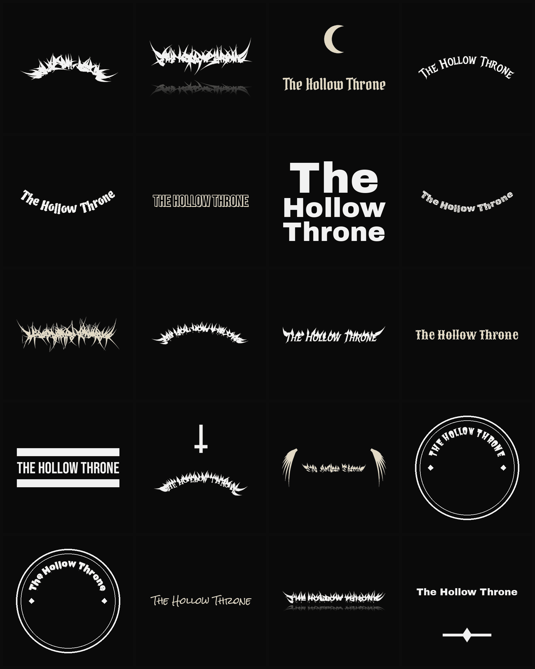 Twenty The Hollow Throne band logo ideas — different faces, treatments and spike settings