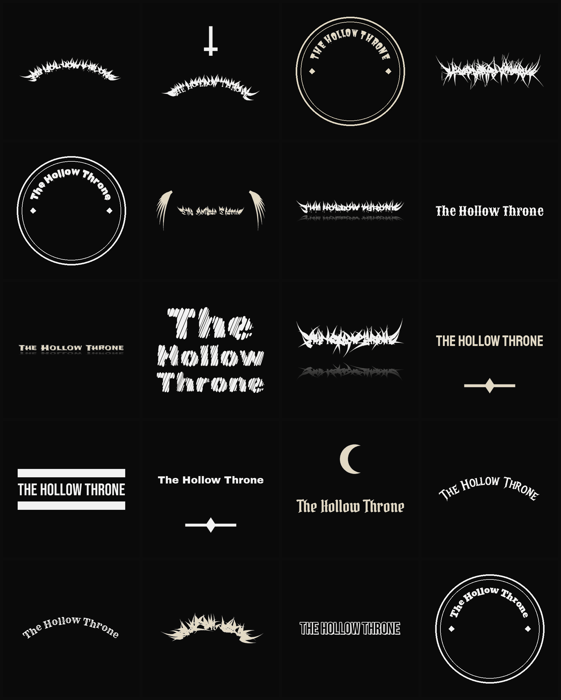 Twenty The Hollow Throne band logo ideas — different faces, treatments and spike settings