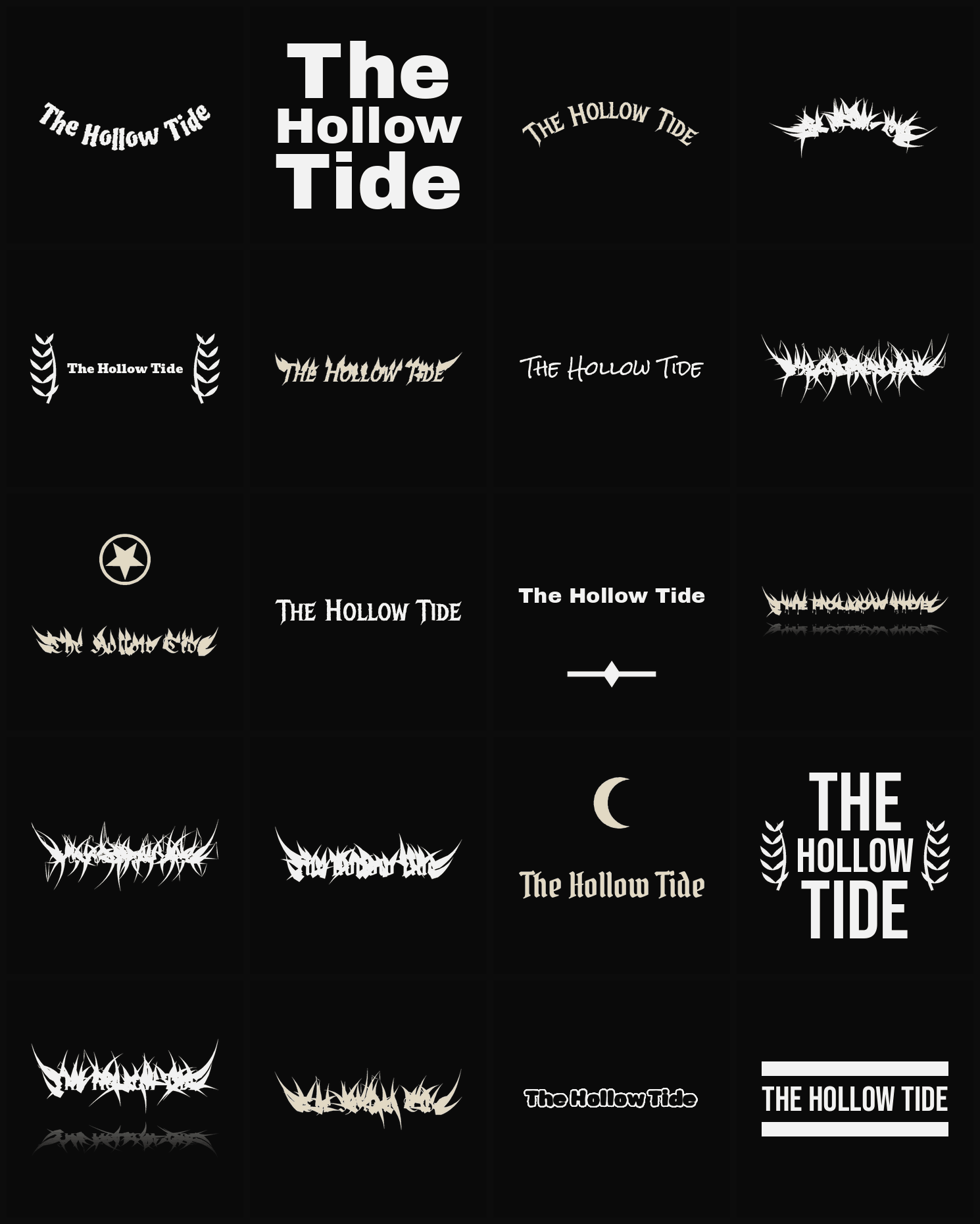 Twenty The Hollow Tide band logo ideas — different faces, treatments and spike settings