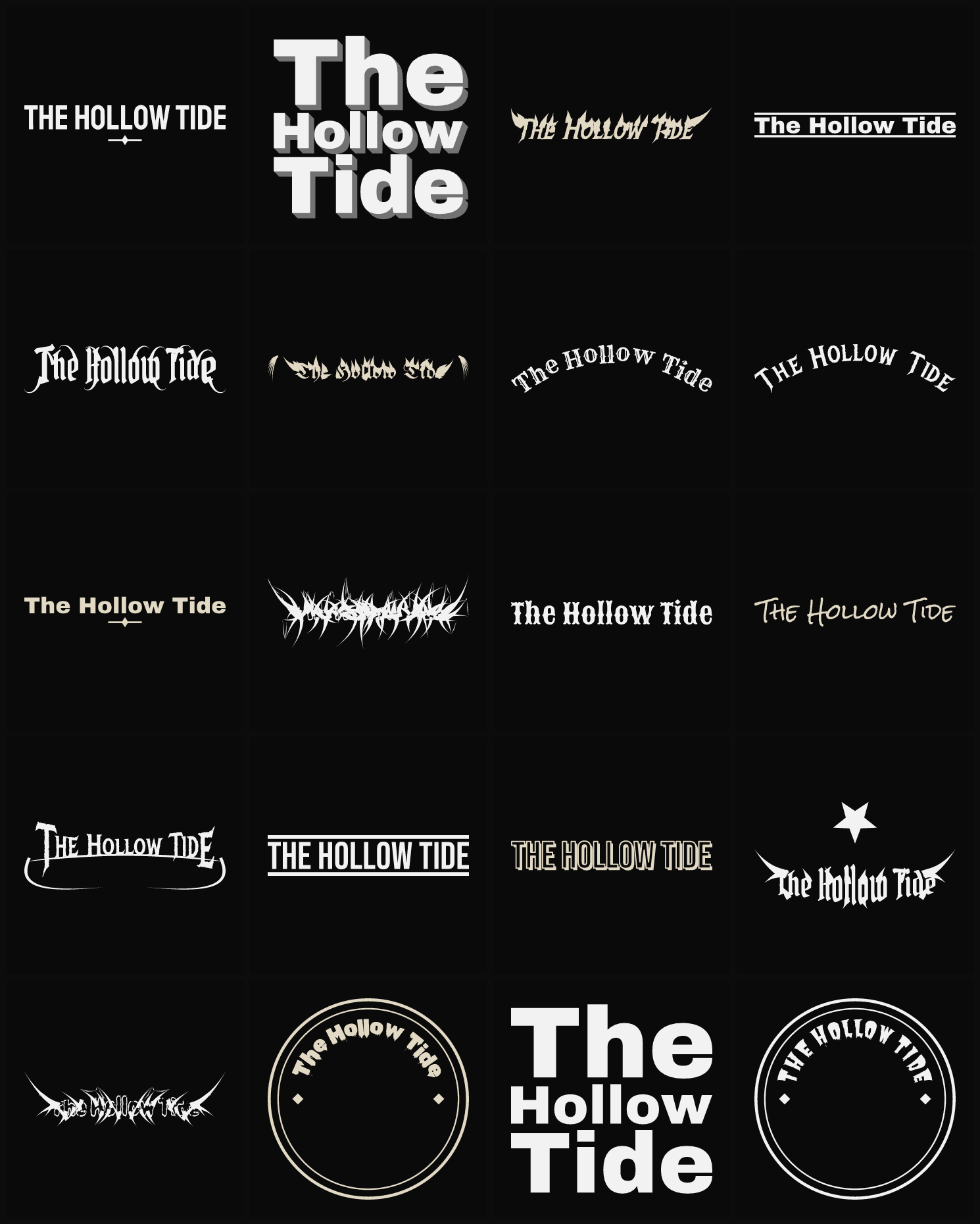 Twenty The Hollow Tide band logo ideas — different faces, treatments and spike settings