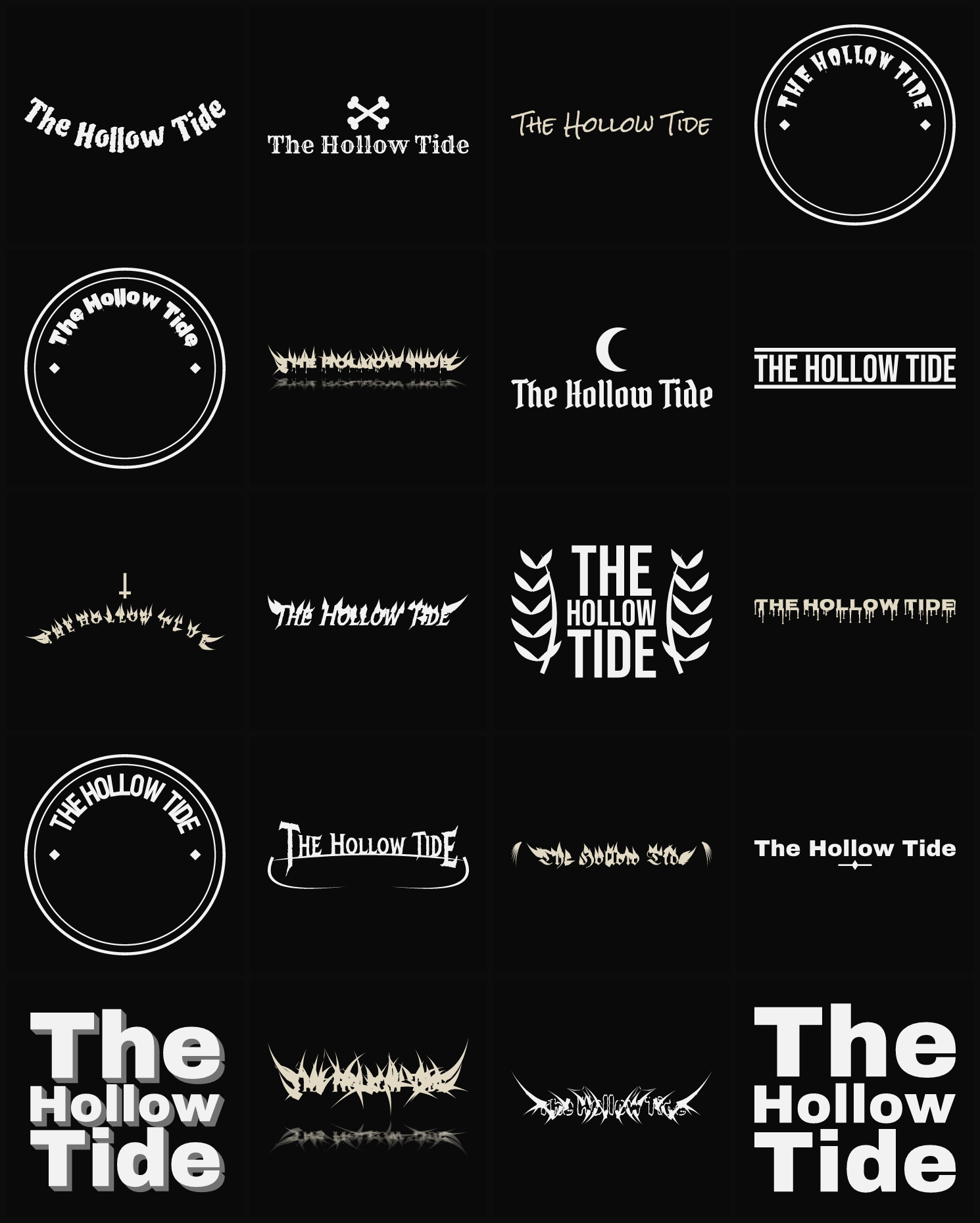 Twenty The Hollow Tide band logo ideas — different faces, treatments and spike settings