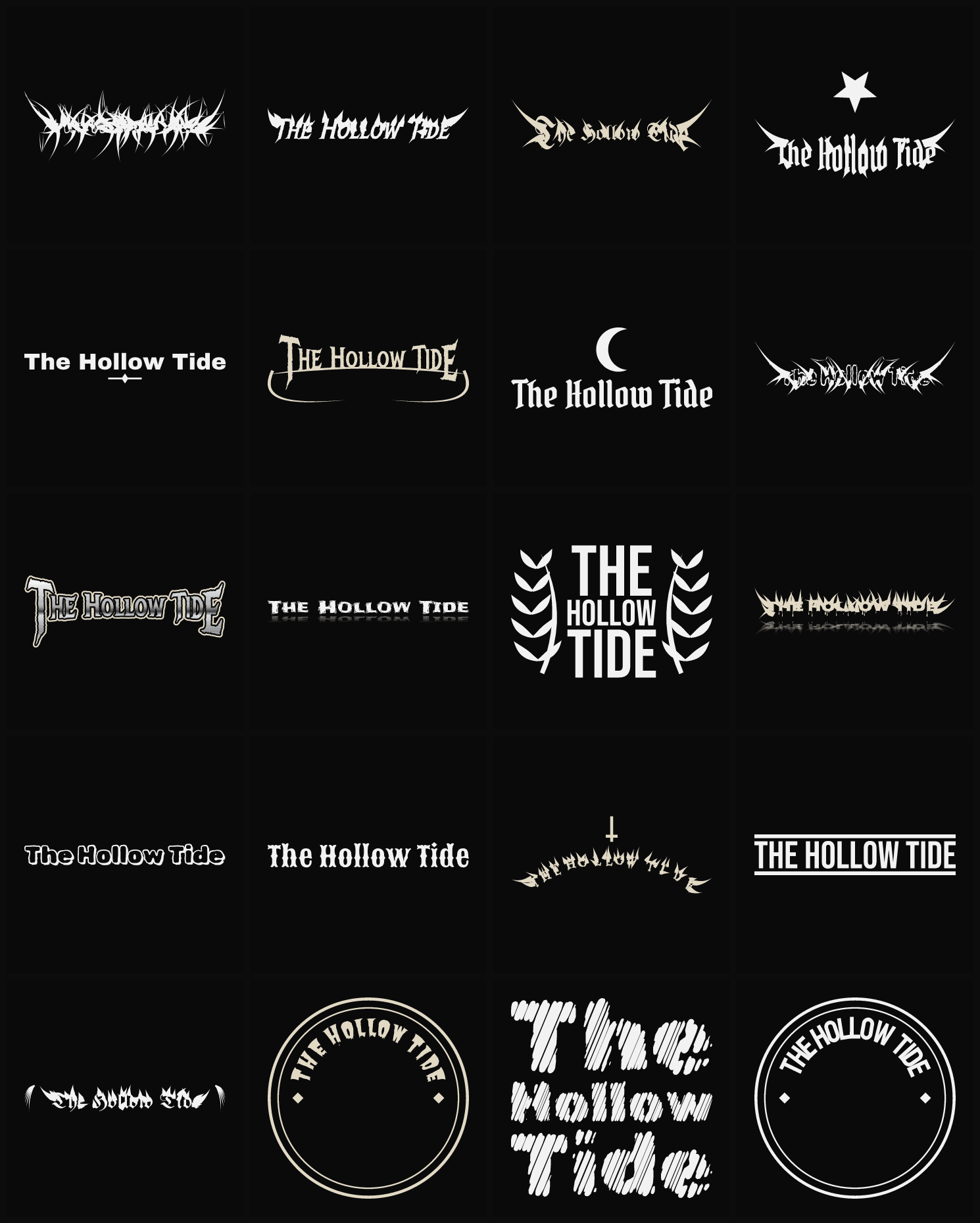 Twenty The Hollow Tide band logo ideas — different faces, treatments and spike settings