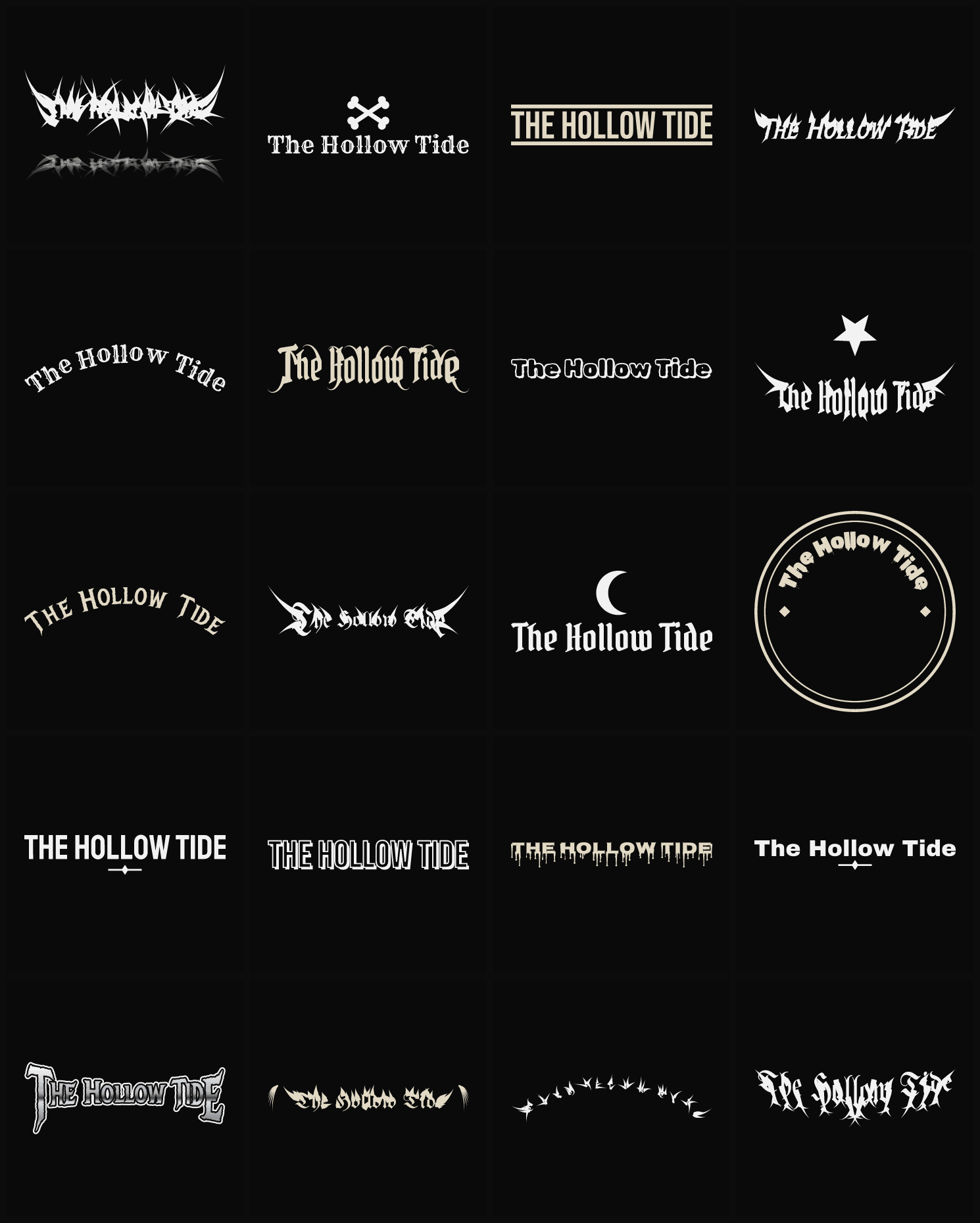 Twenty The Hollow Tide band logo ideas — different faces, treatments and spike settings