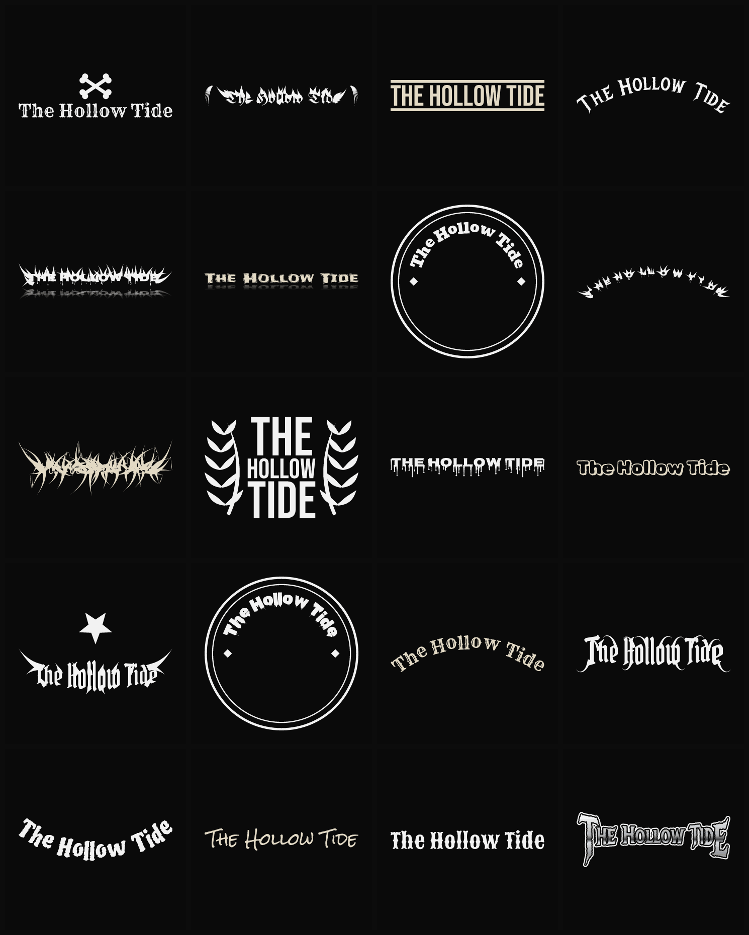 Twenty The Hollow Tide band logo ideas — different faces, treatments and spike settings