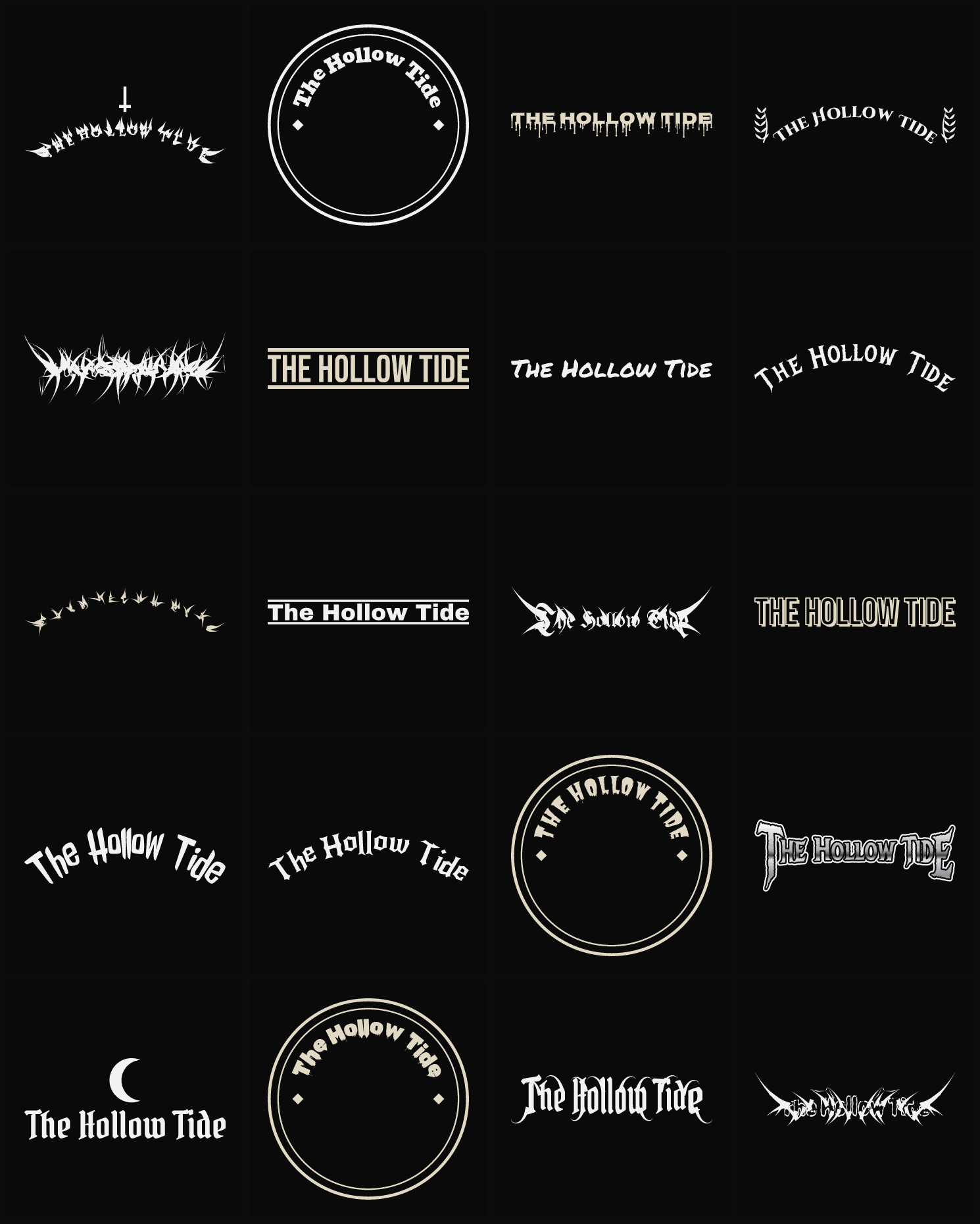Twenty The Hollow Tide band logo ideas — different faces, treatments and spike settings