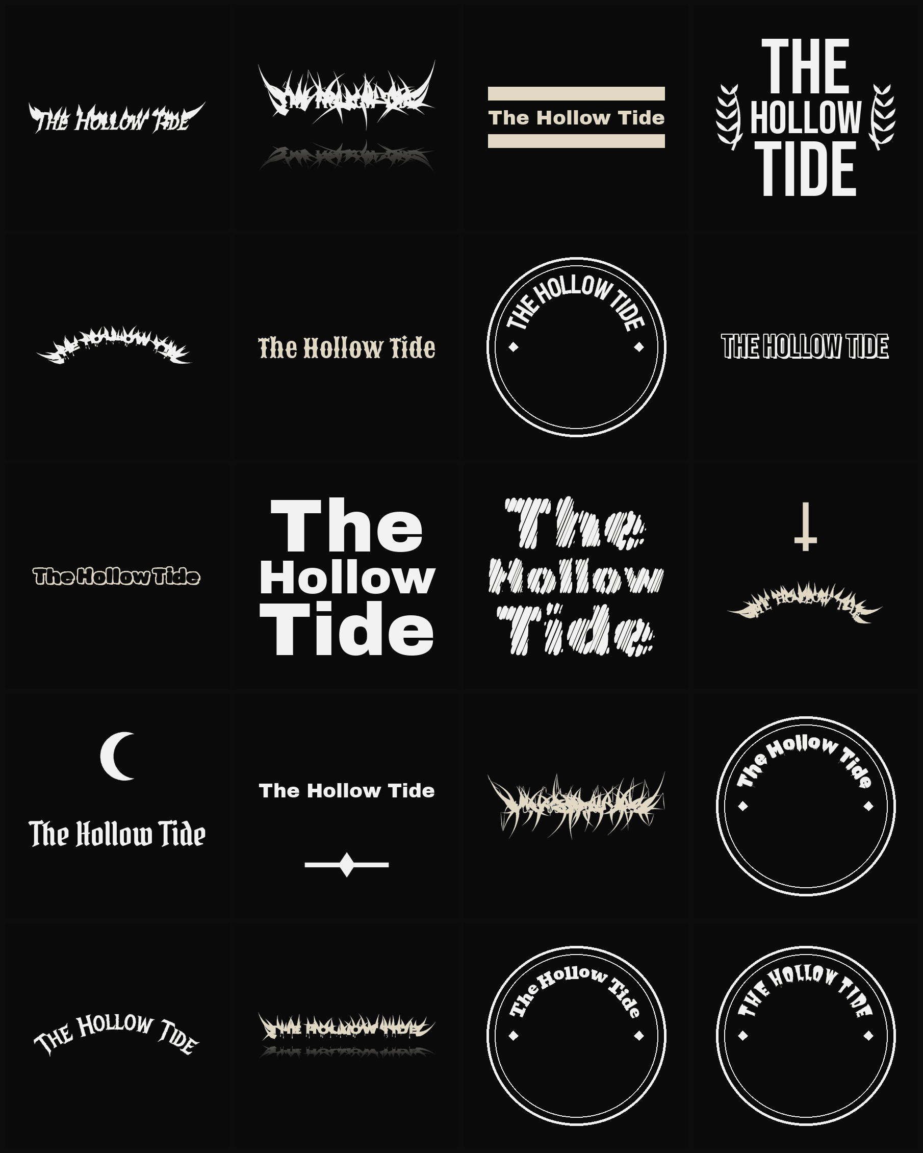 Twenty The Hollow Tide band logo ideas — different faces, treatments and spike settings