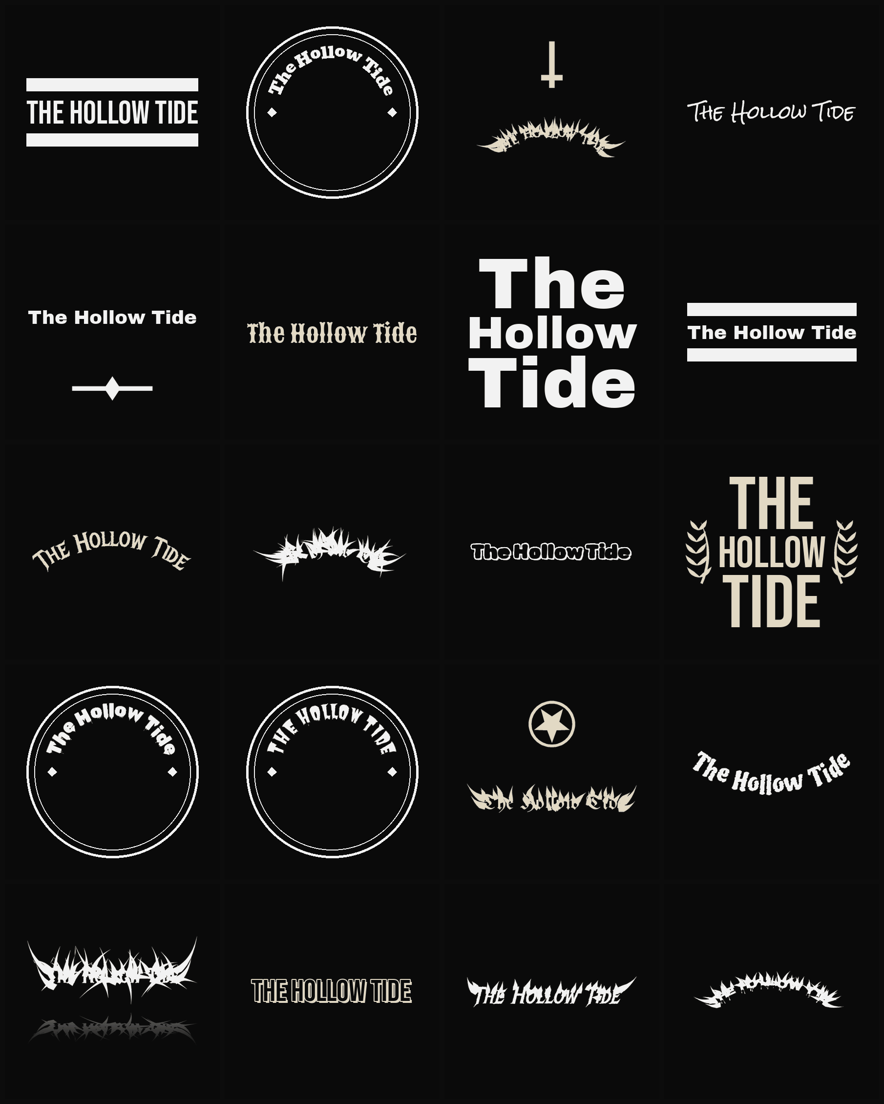 Twenty The Hollow Tide band logo ideas — different faces, treatments and spike settings