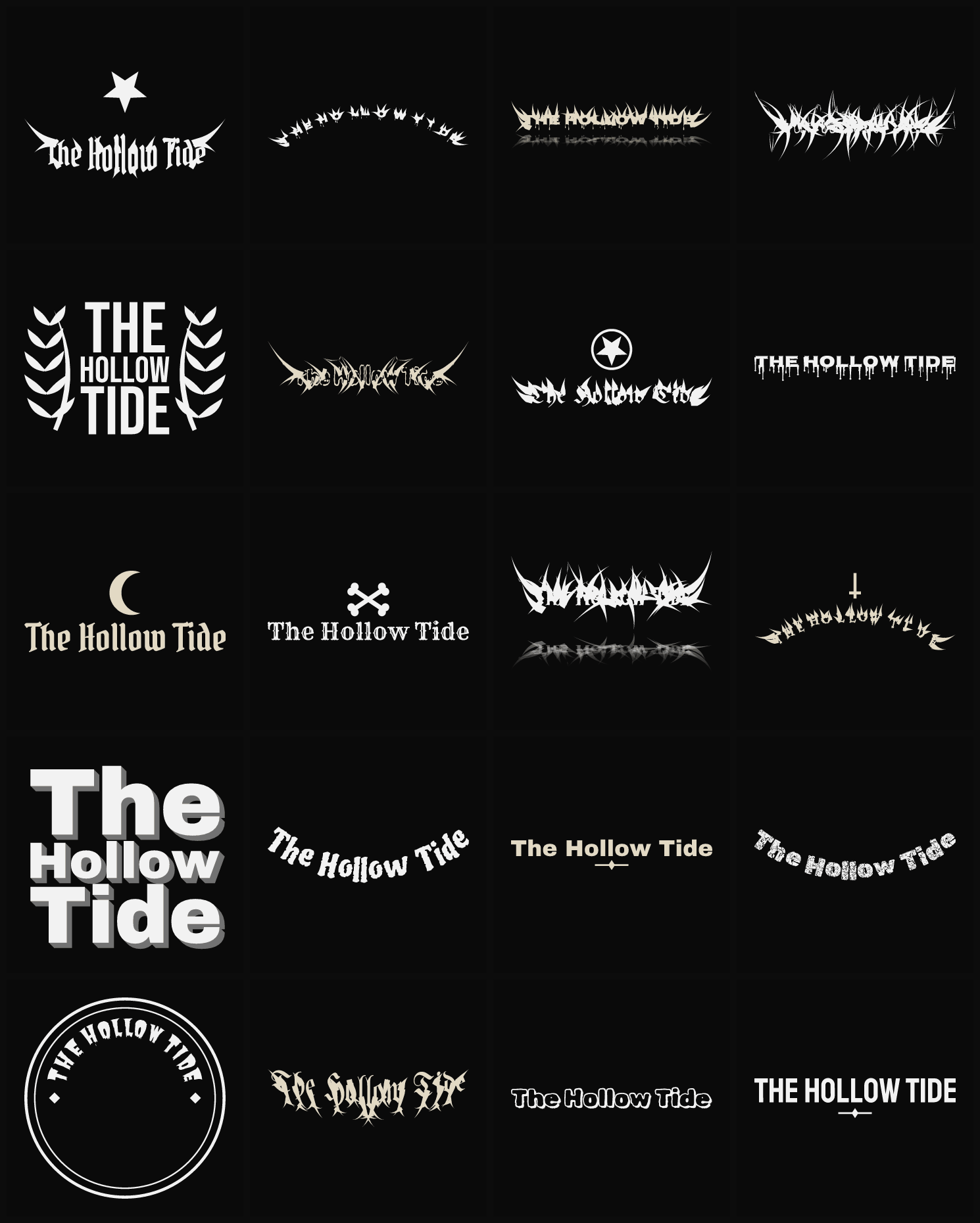 Twenty The Hollow Tide band logo ideas — different faces, treatments and spike settings