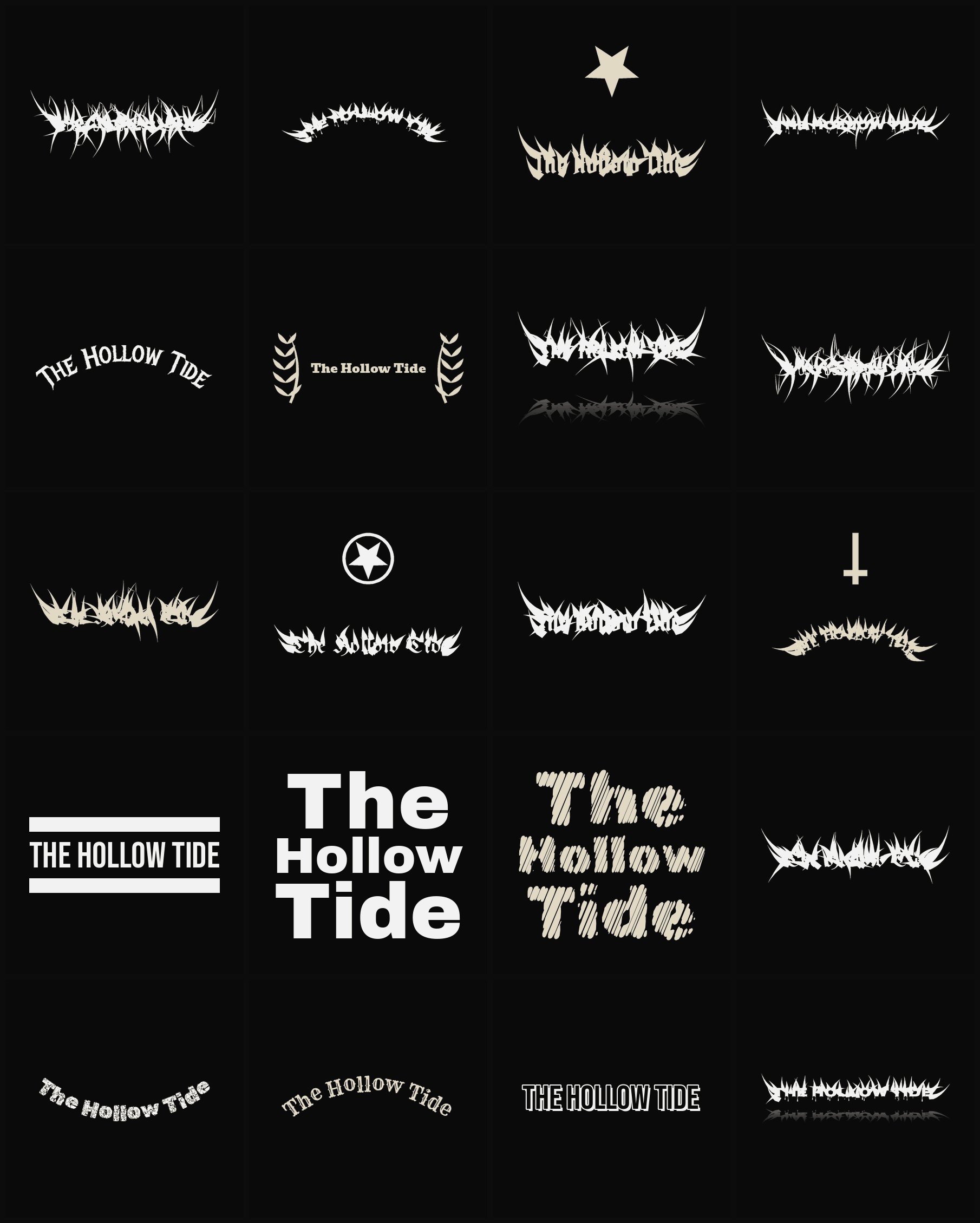 Twenty The Hollow Tide band logo ideas — different faces, treatments and spike settings