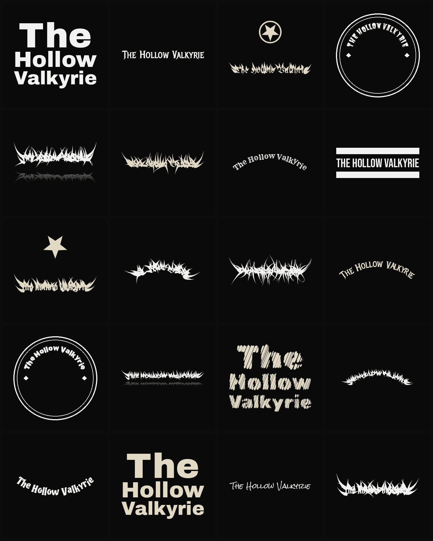 Twenty The Hollow Valkyrie band logo ideas — different faces, treatments and spike settings