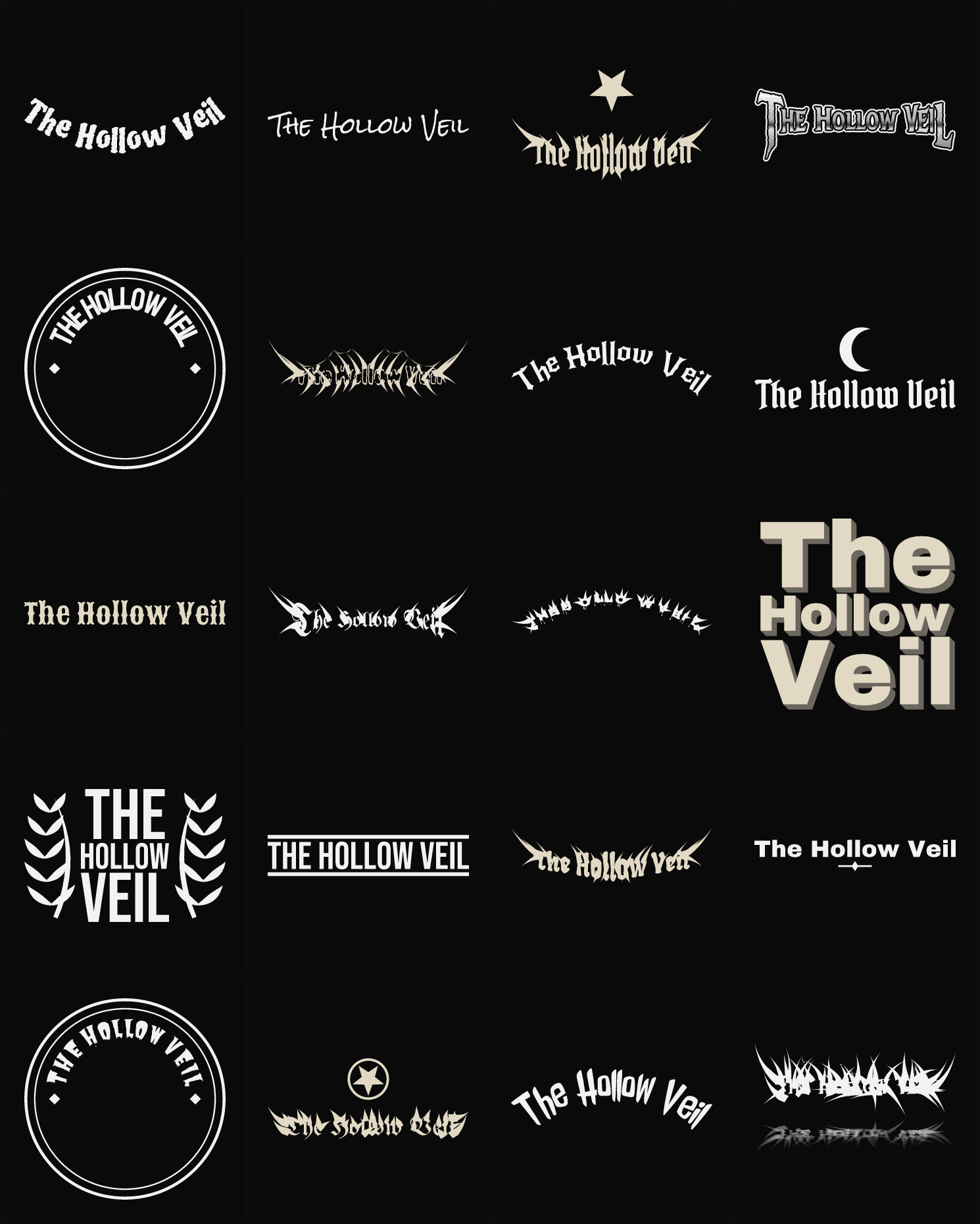 Twenty The Hollow Veil band logo ideas — different faces, treatments and spike settings