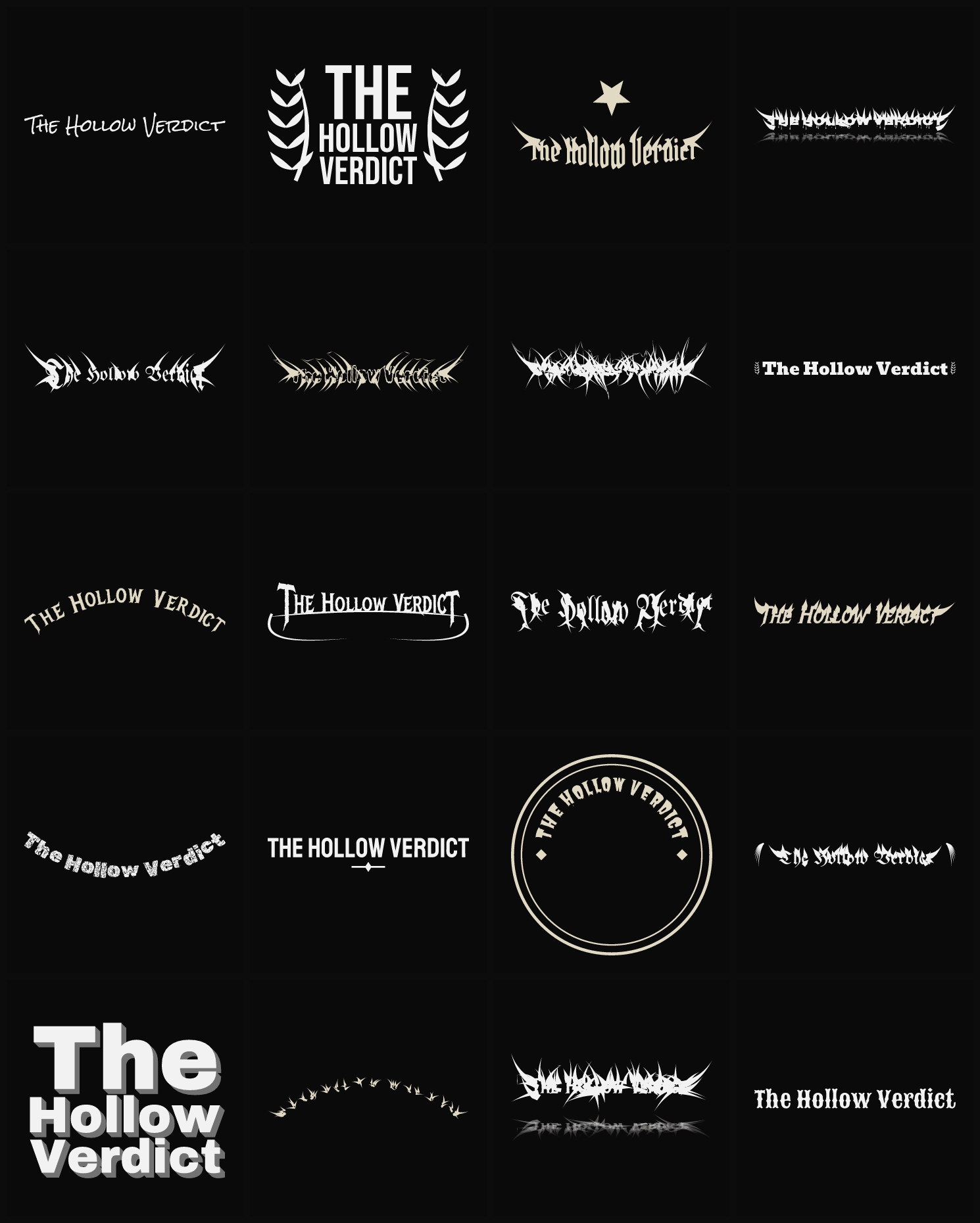 Twenty The Hollow Verdict band logo ideas — different faces, treatments and spike settings