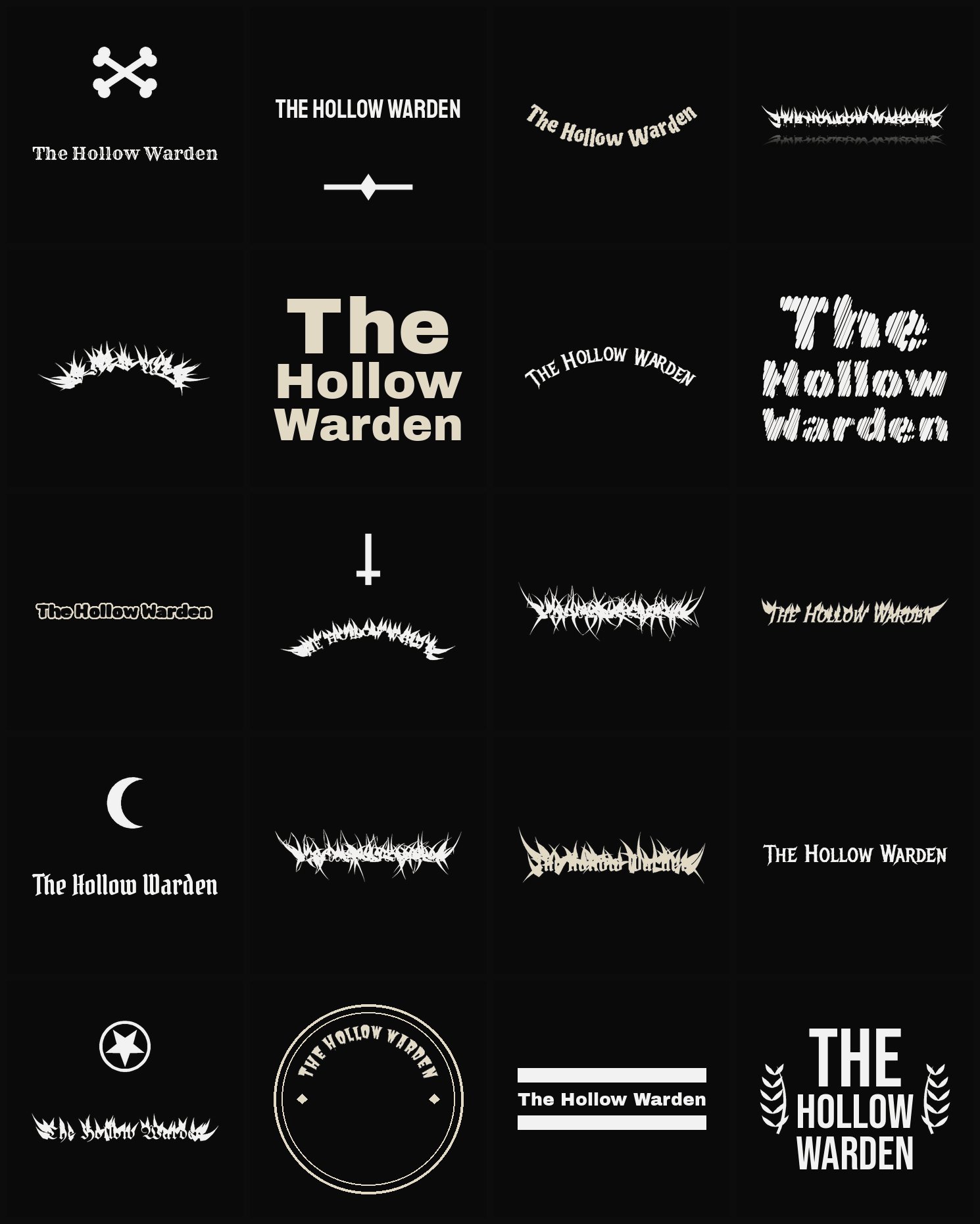 Twenty The Hollow Warden band logo ideas — different faces, treatments and spike settings