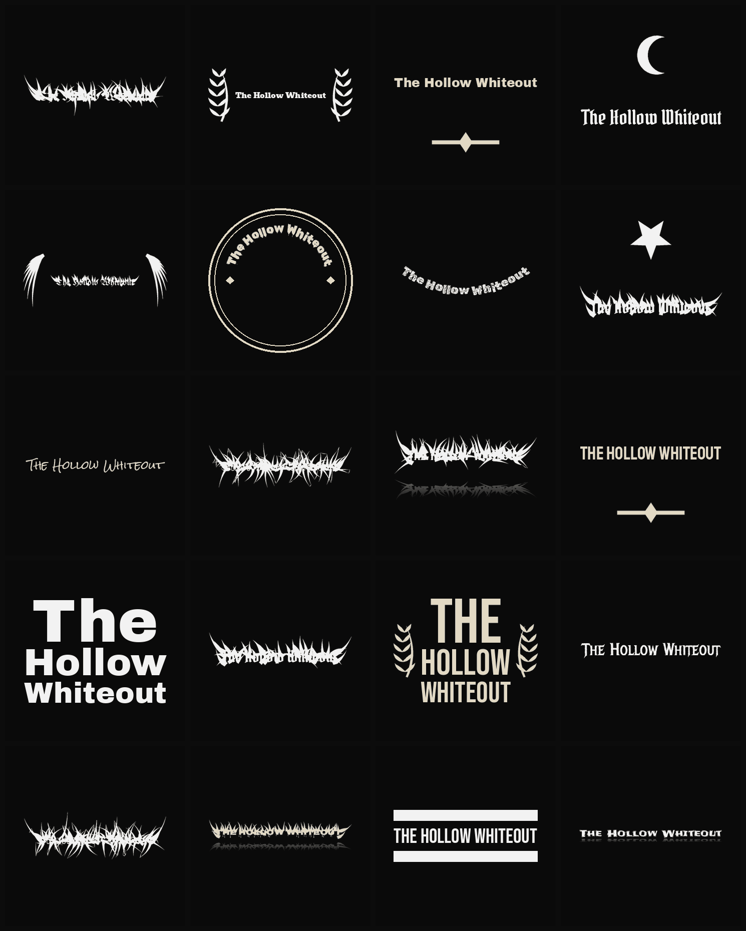 Twenty The Hollow Whiteout band logo ideas — different faces, treatments and spike settings