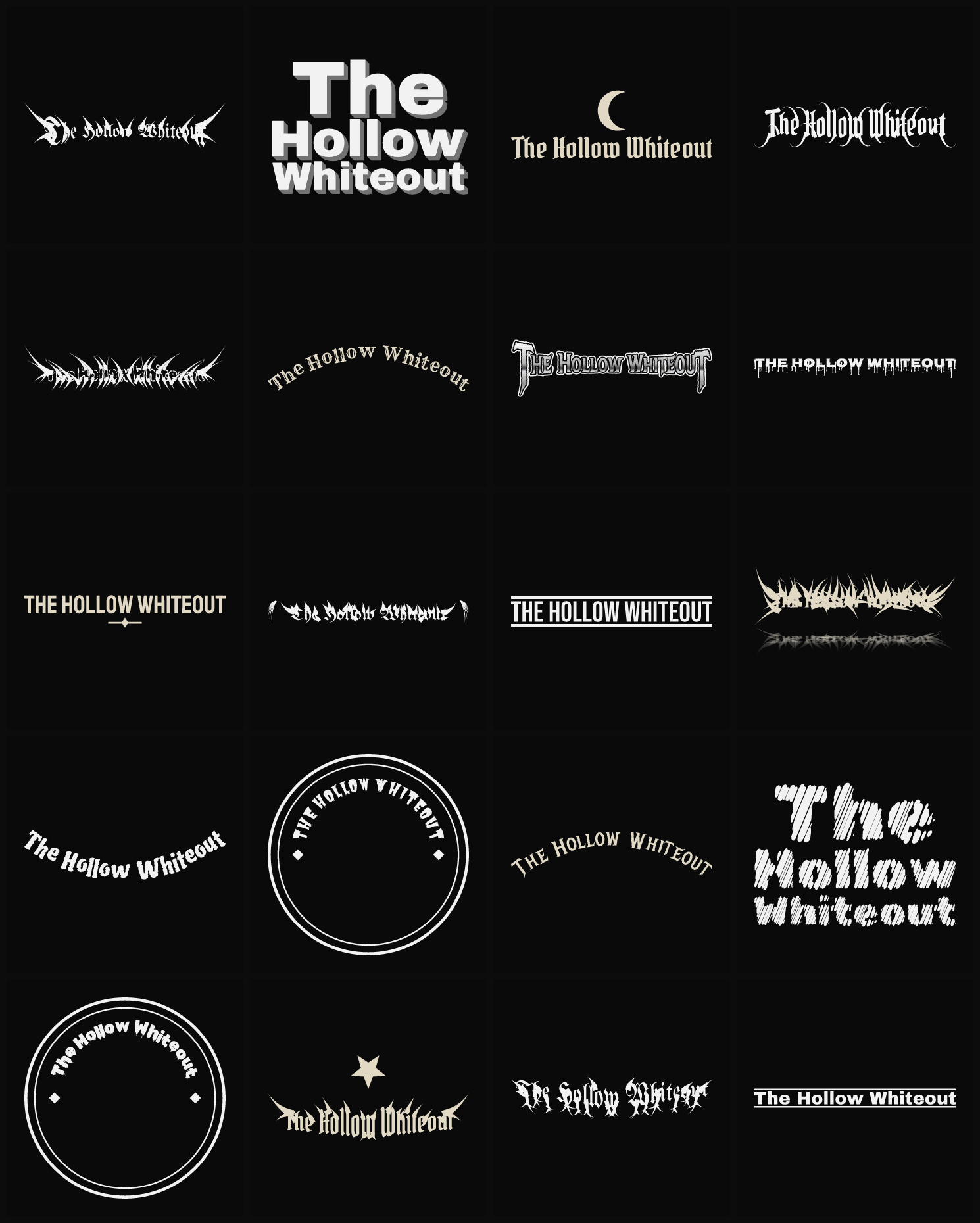Twenty The Hollow Whiteout band logo ideas — different faces, treatments and spike settings