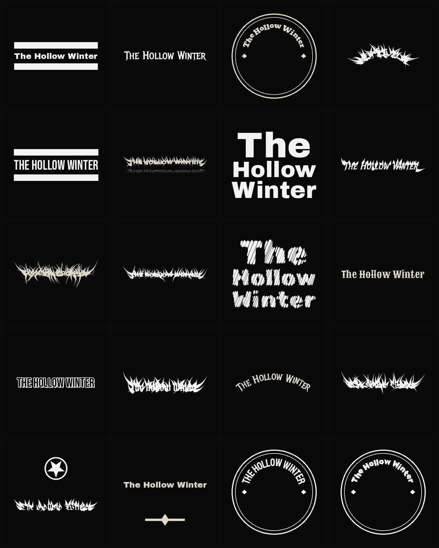Twenty The Hollow Winter band logo ideas — different faces, treatments and spike settings