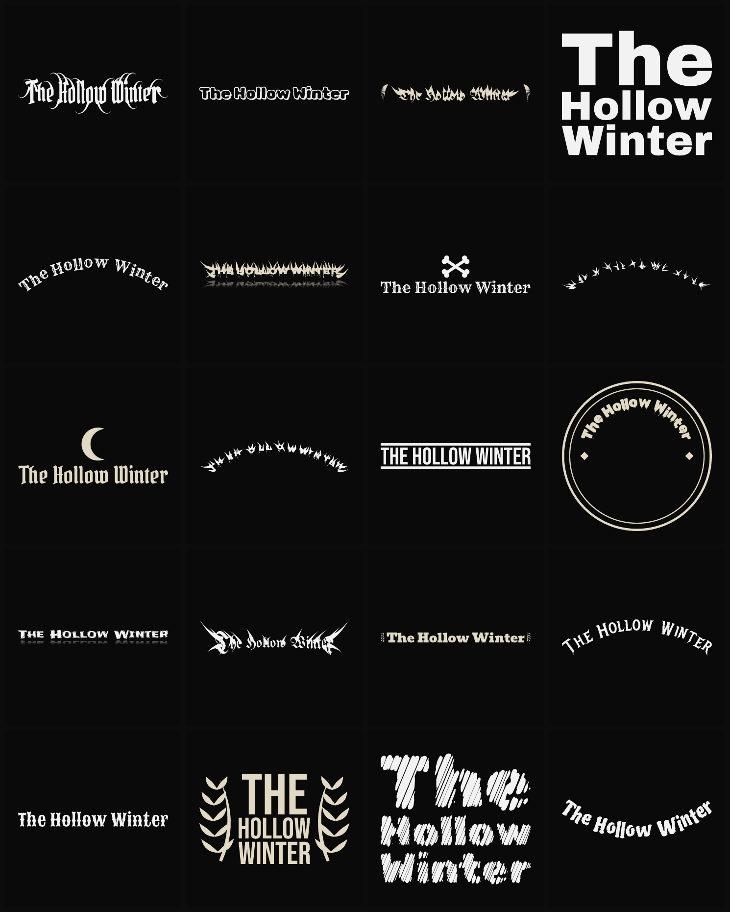 Twenty The Hollow Winter band logo ideas — different faces, treatments and spike settings