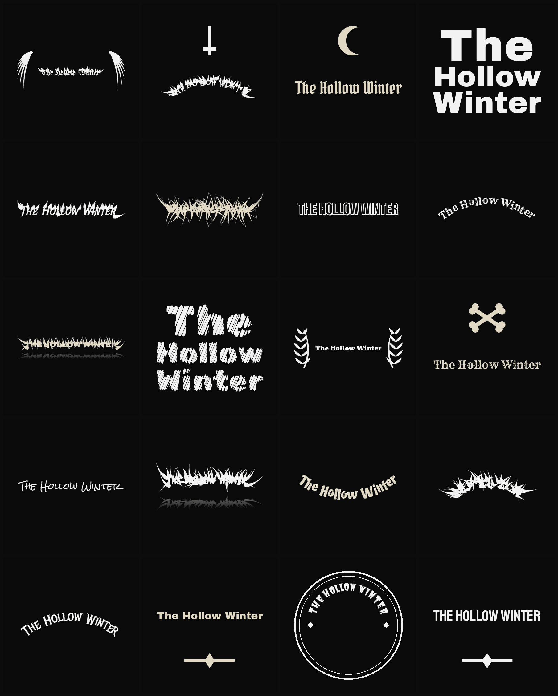 Twenty The Hollow Winter band logo ideas — different faces, treatments and spike settings