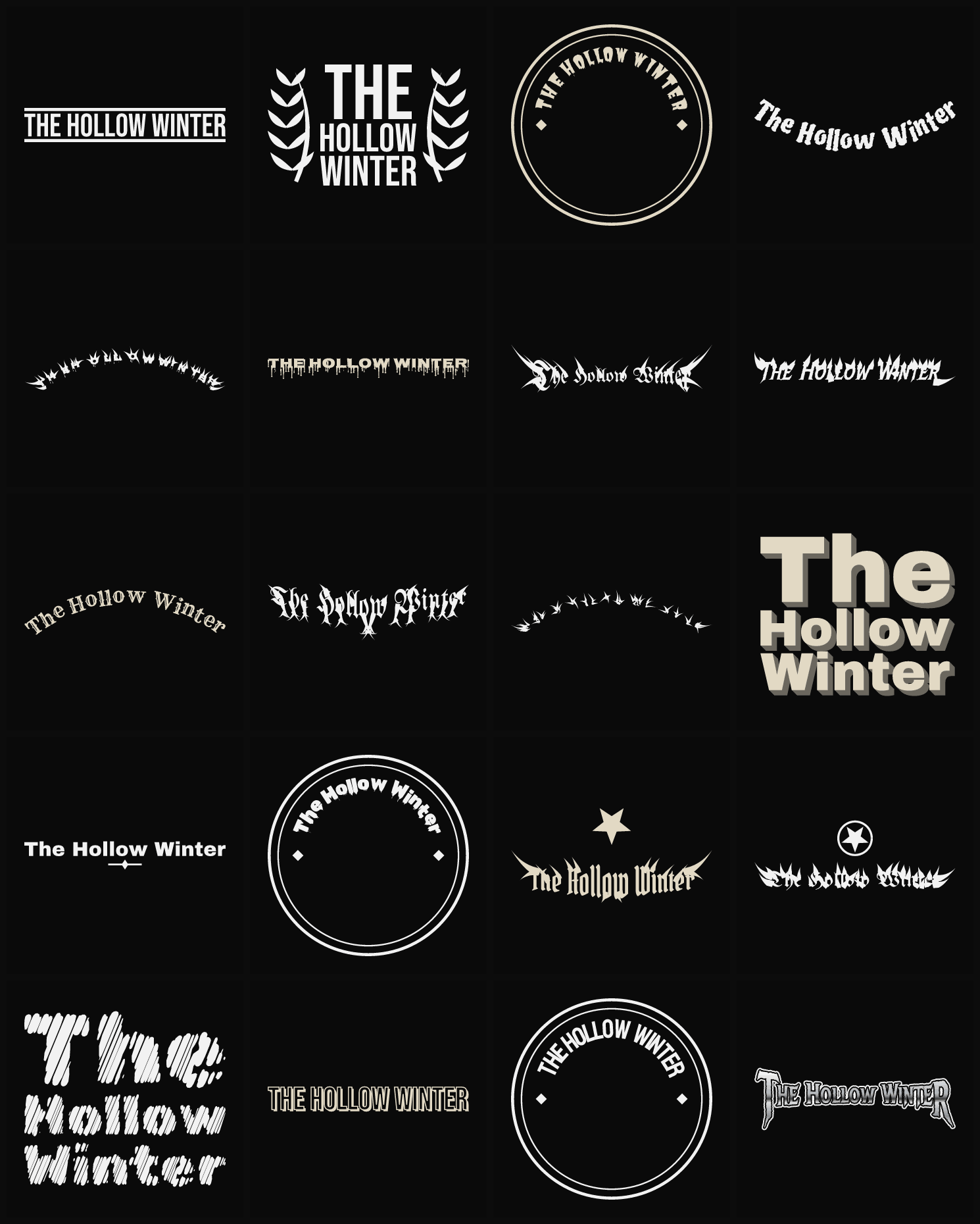 Twenty The Hollow Winter band logo ideas — different faces, treatments and spike settings