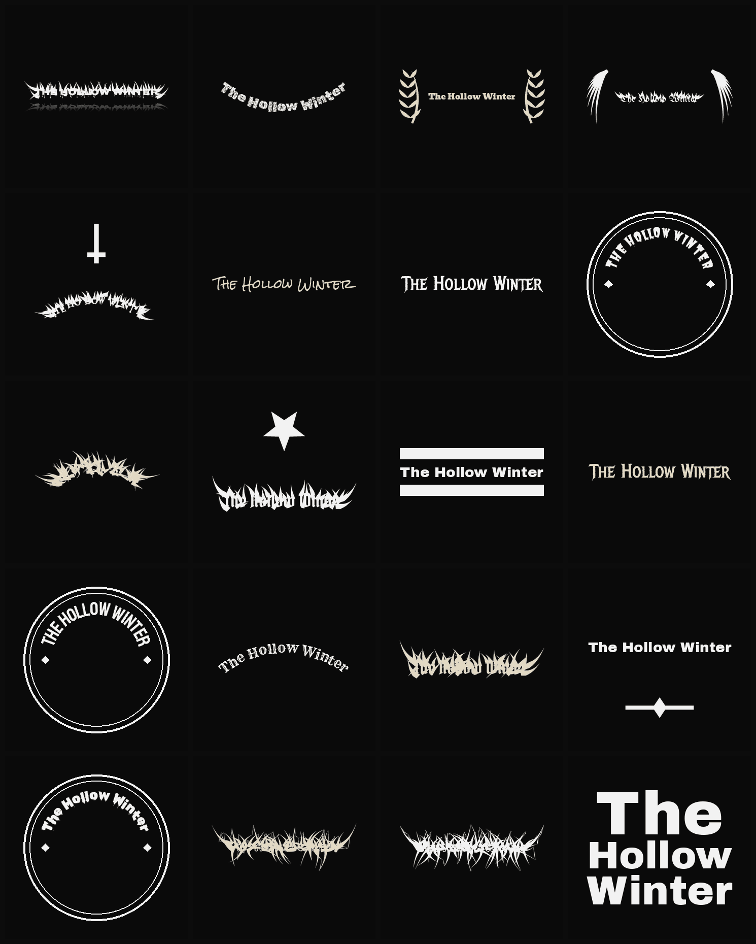 Twenty The Hollow Winter band logo ideas — different faces, treatments and spike settings