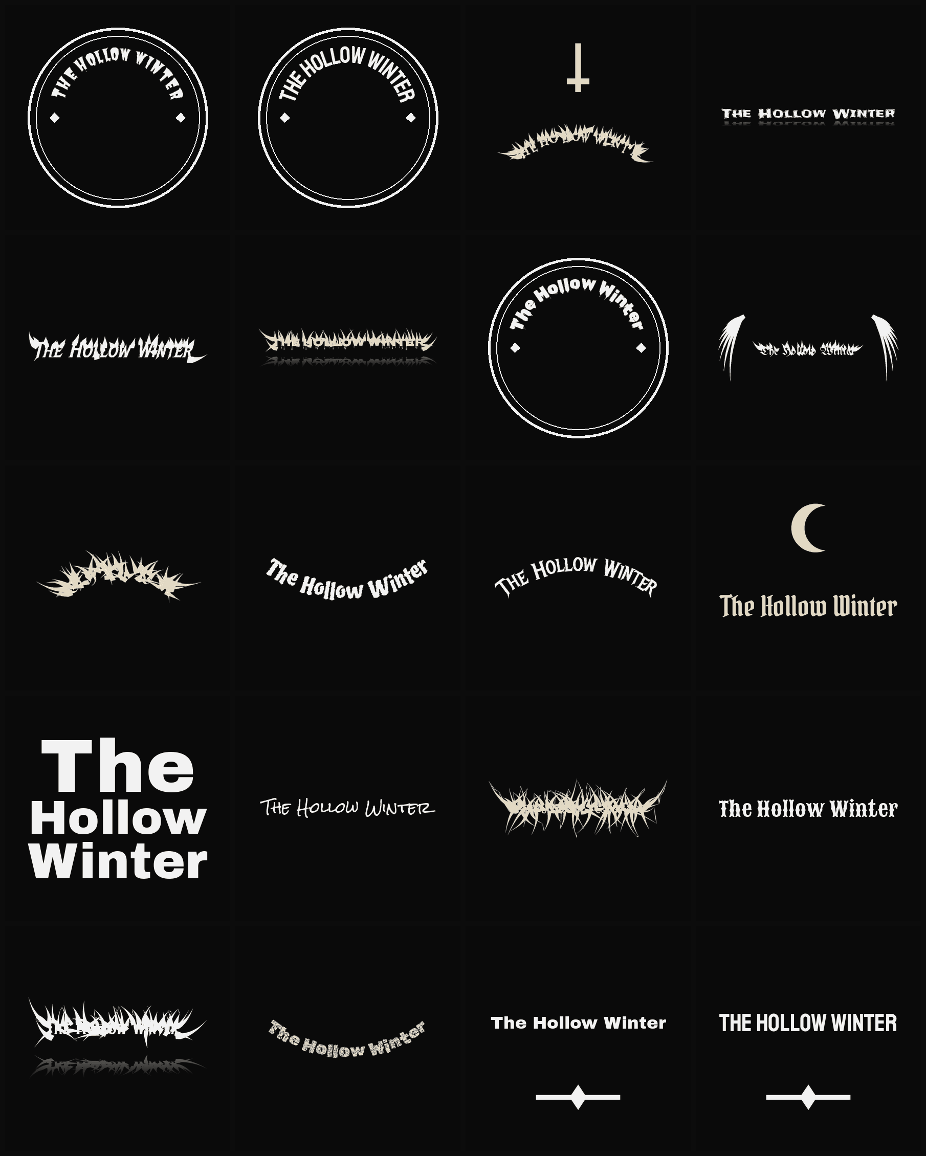 Twenty The Hollow Winter band logo ideas — different faces, treatments and spike settings