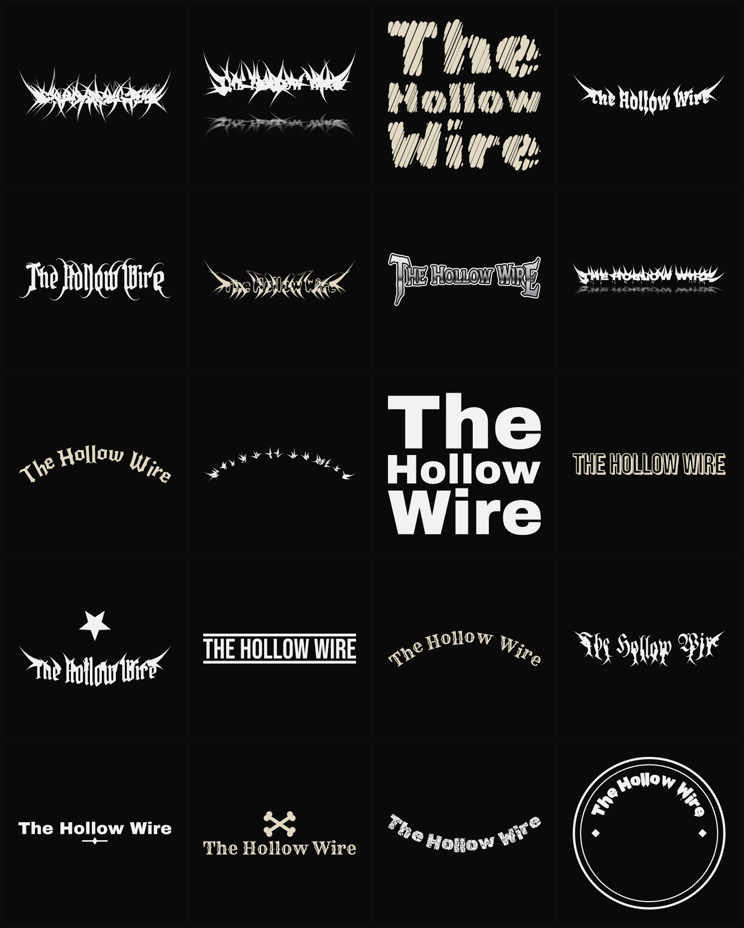 Twenty The Hollow Wire band logo ideas — different faces, treatments and spike settings