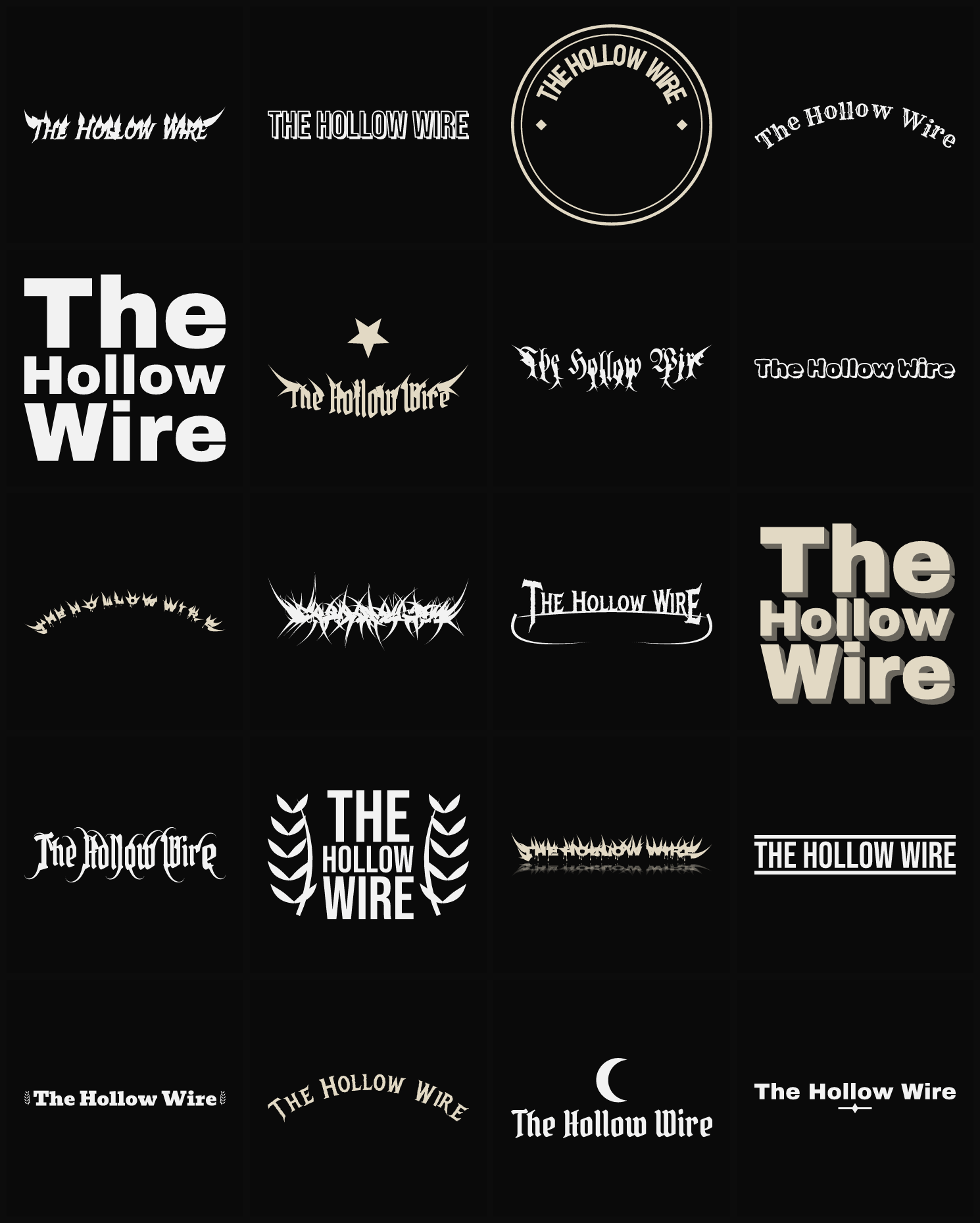 Twenty The Hollow Wire band logo ideas — different faces, treatments and spike settings