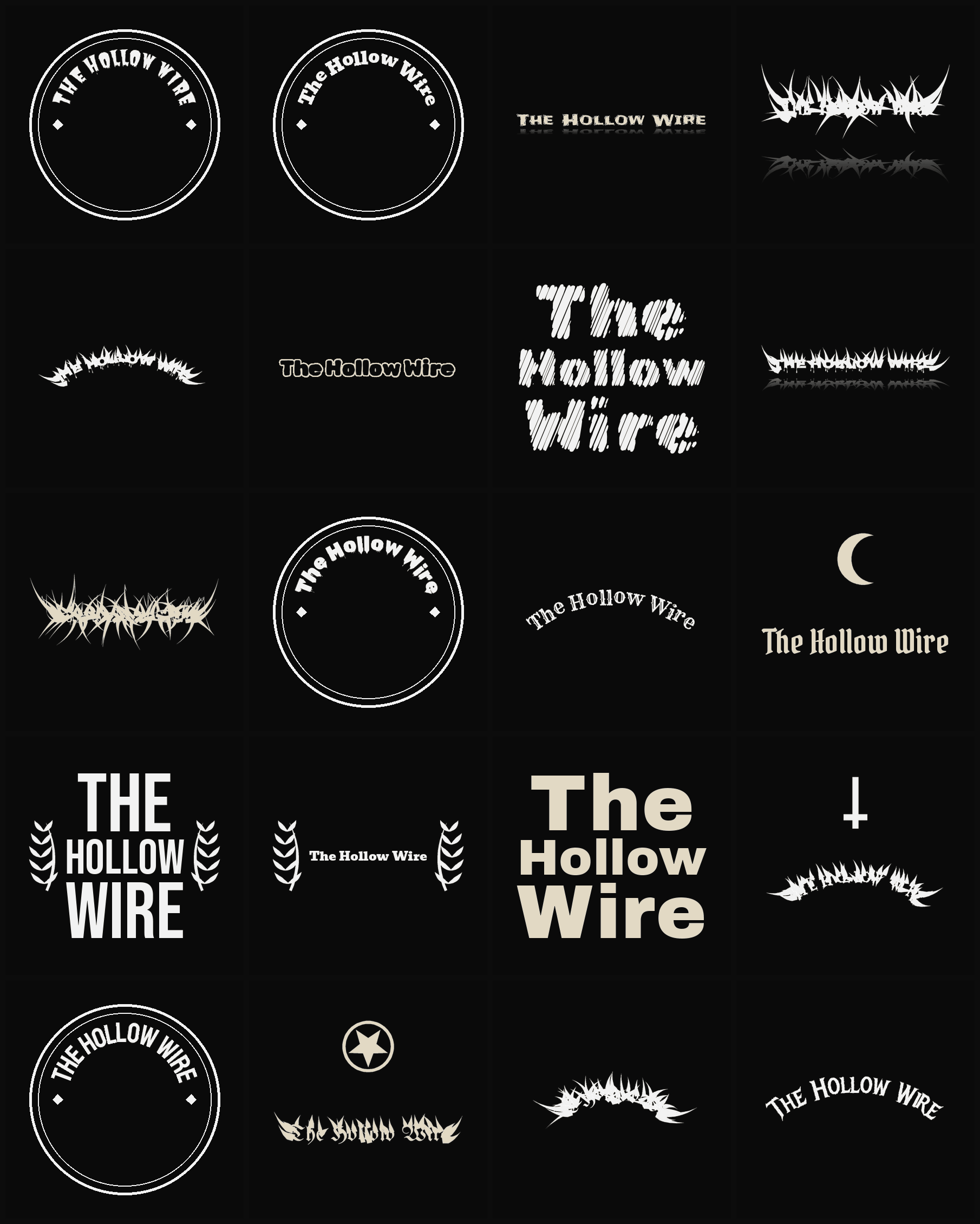 Twenty The Hollow Wire band logo ideas — different faces, treatments and spike settings