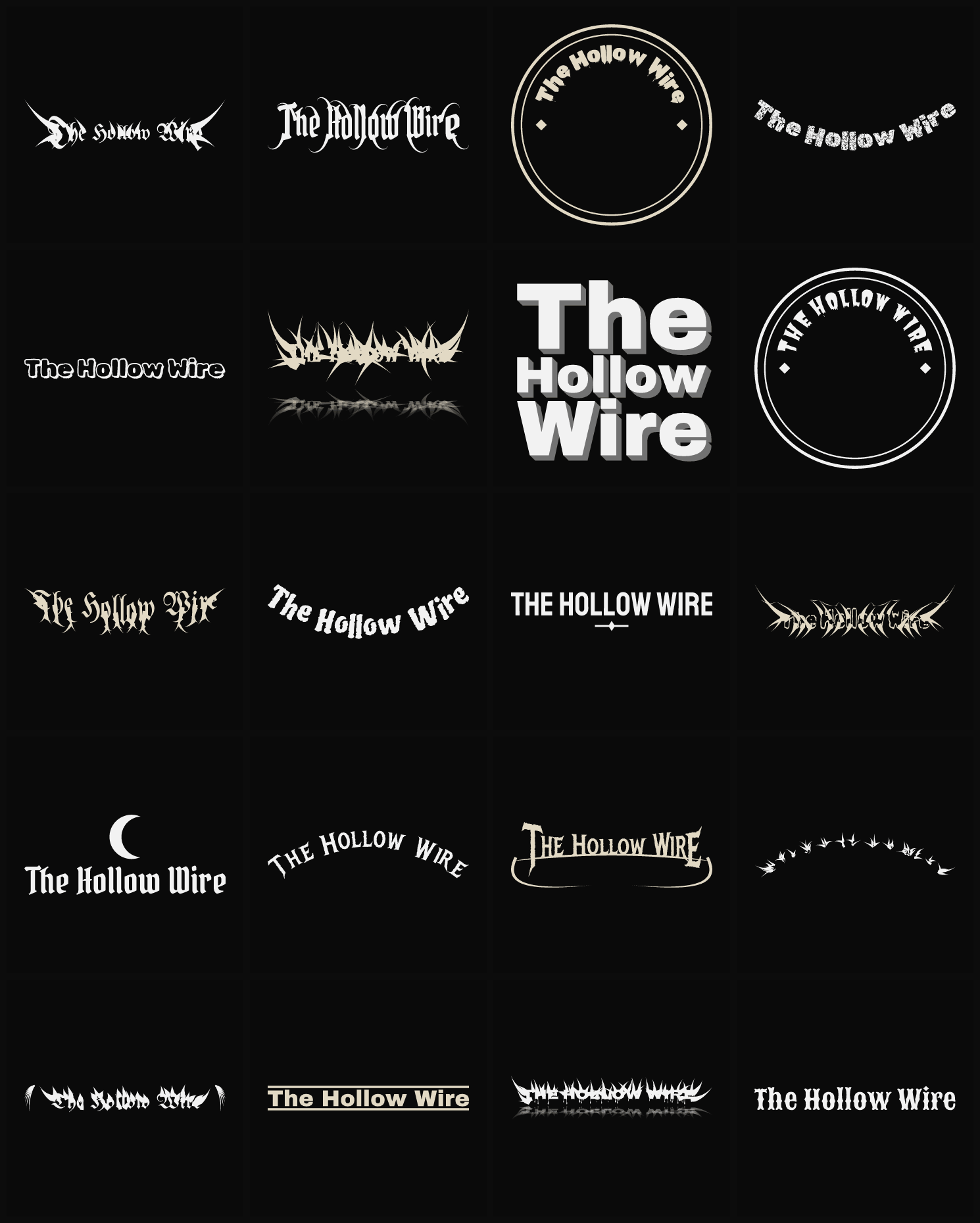 Twenty The Hollow Wire band logo ideas — different faces, treatments and spike settings