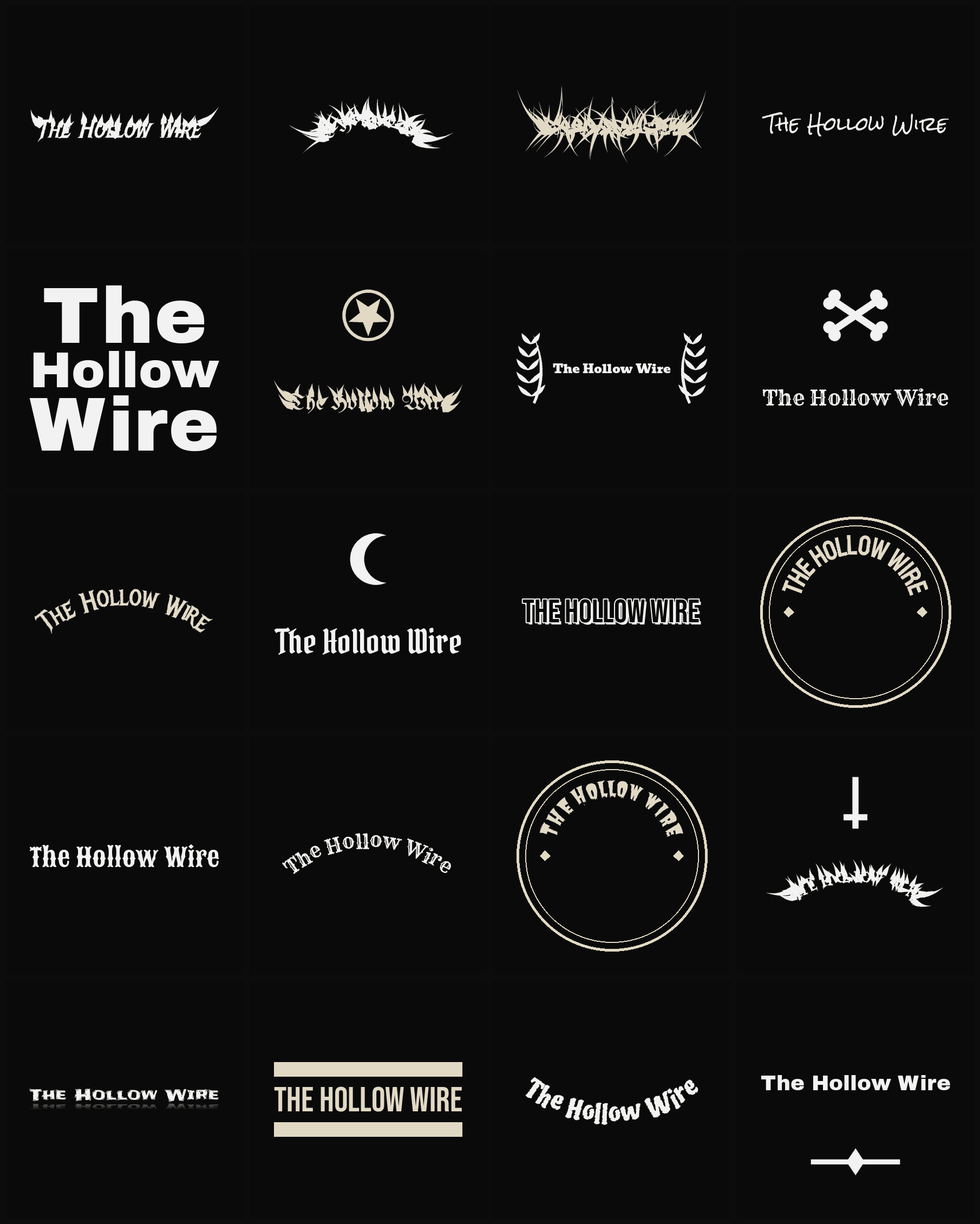Twenty The Hollow Wire band logo ideas — different faces, treatments and spike settings