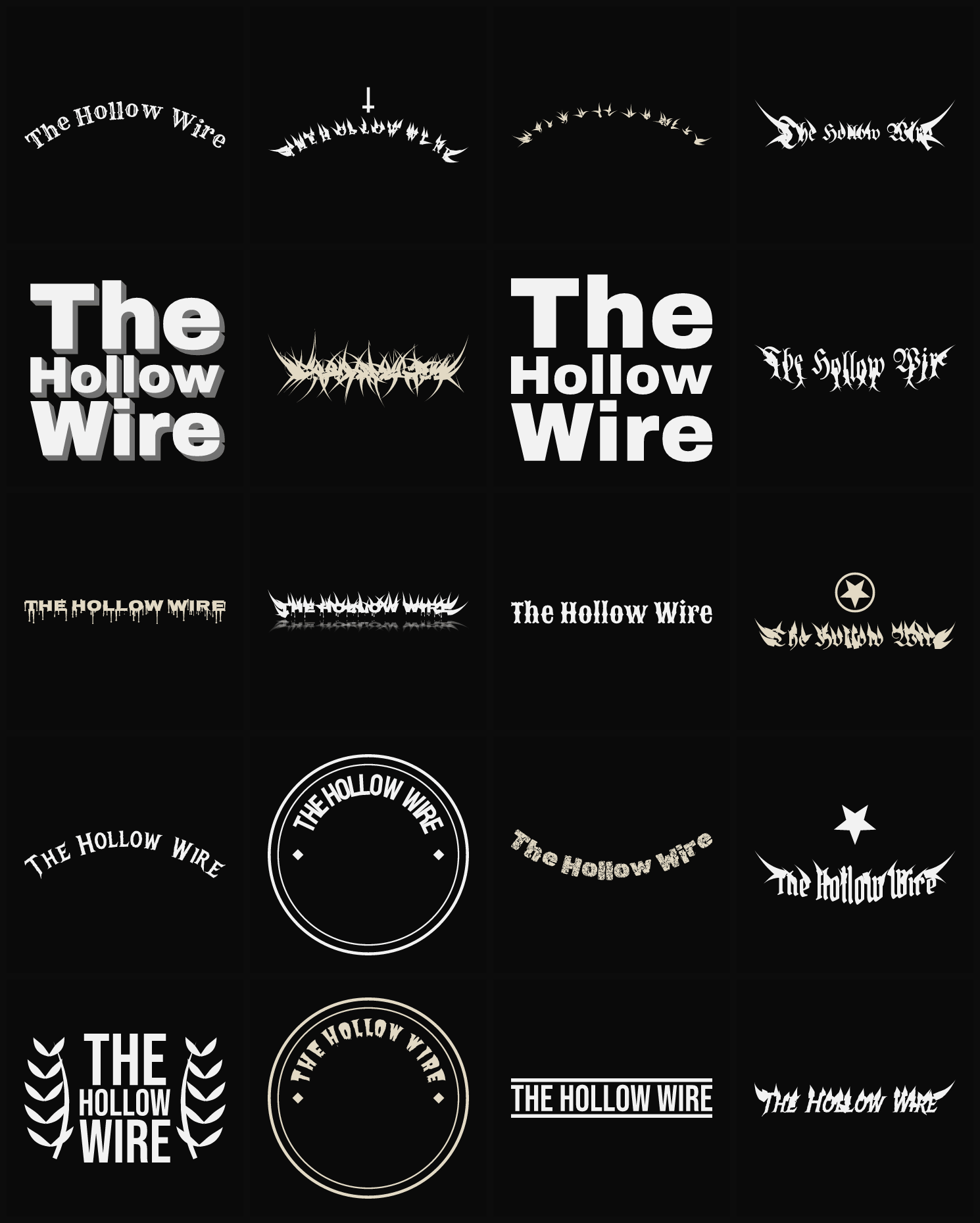 Twenty The Hollow Wire band logo ideas — different faces, treatments and spike settings