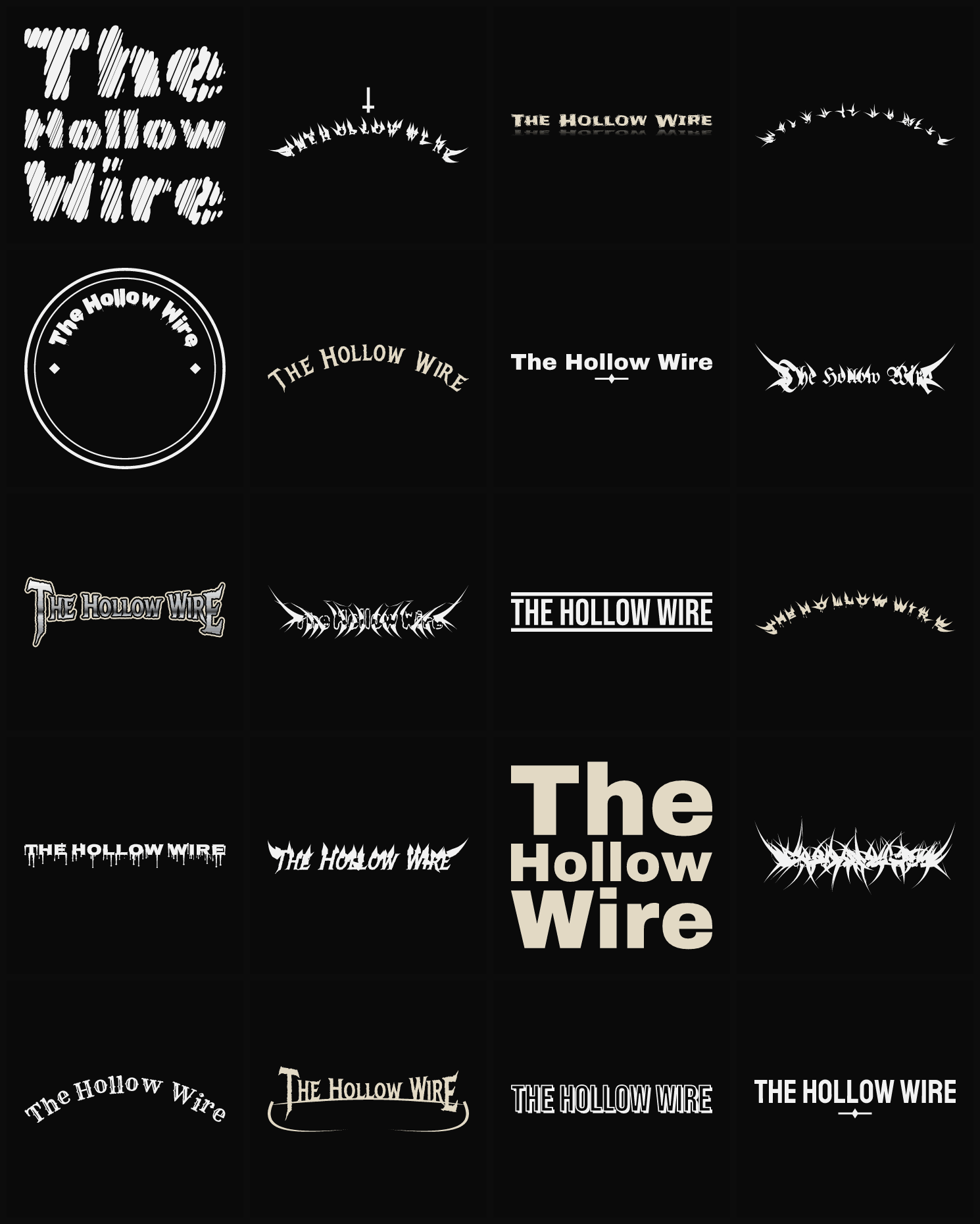 Twenty The Hollow Wire band logo ideas — different faces, treatments and spike settings