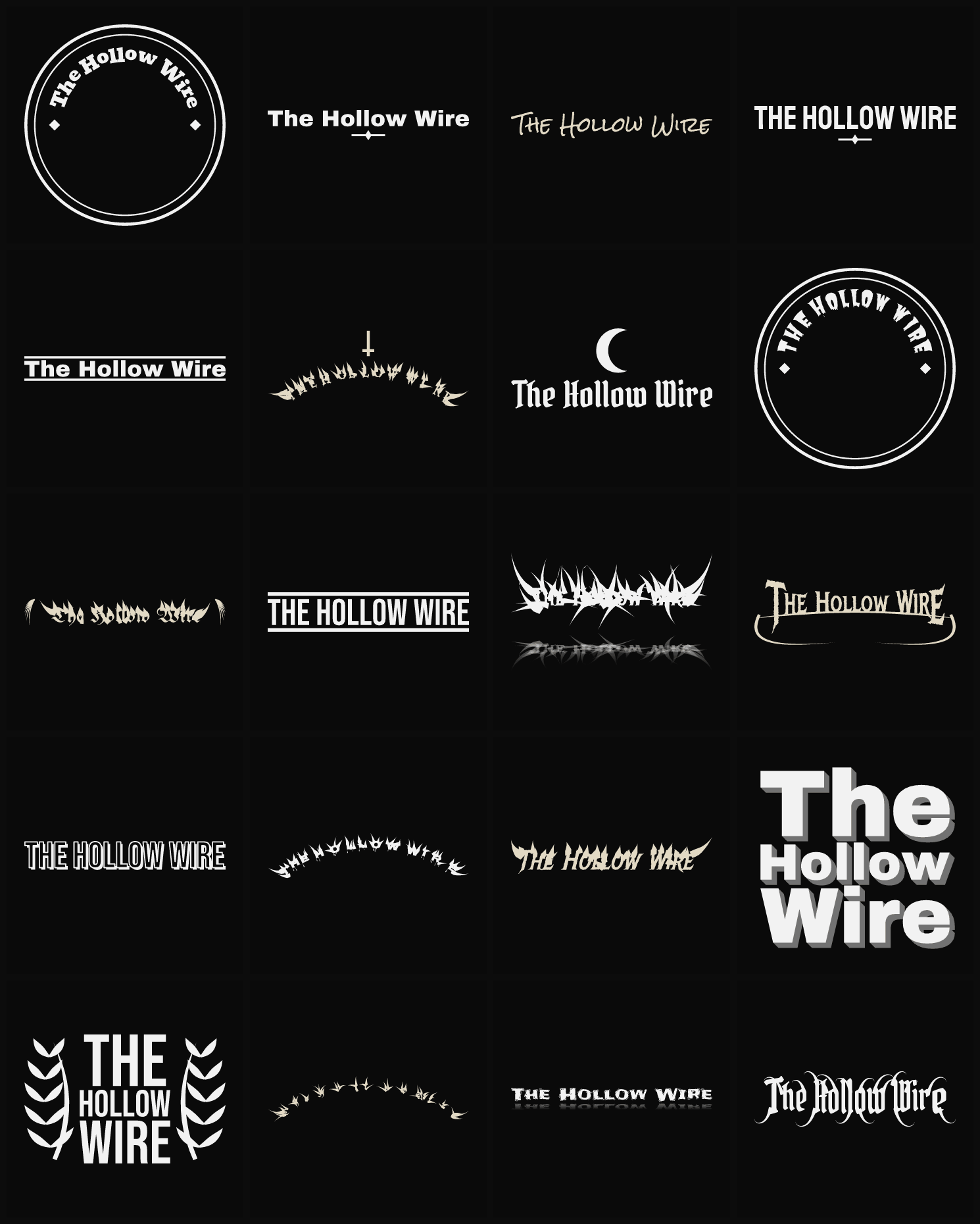 Twenty The Hollow Wire band logo ideas — different faces, treatments and spike settings