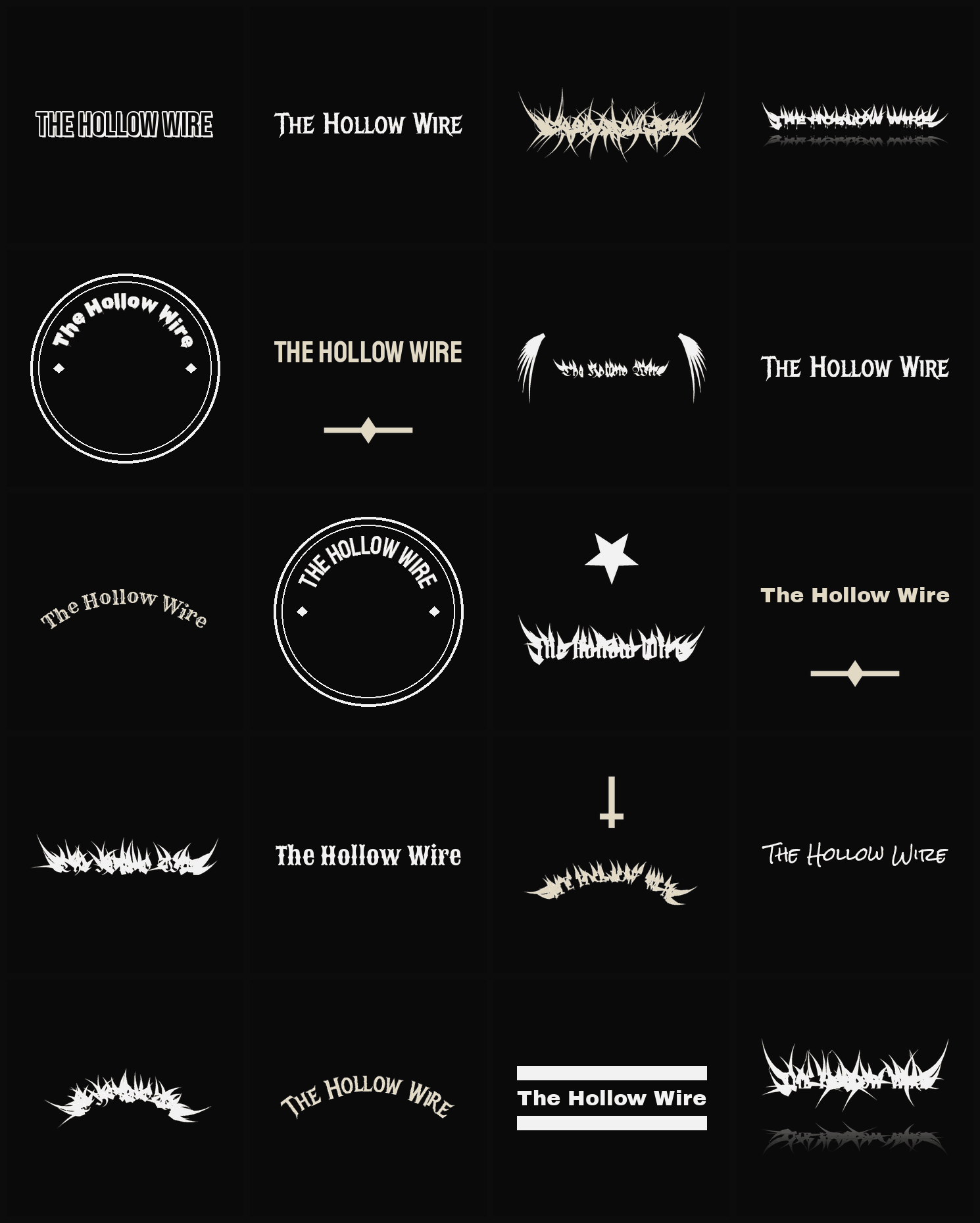 Twenty The Hollow Wire band logo ideas — different faces, treatments and spike settings
