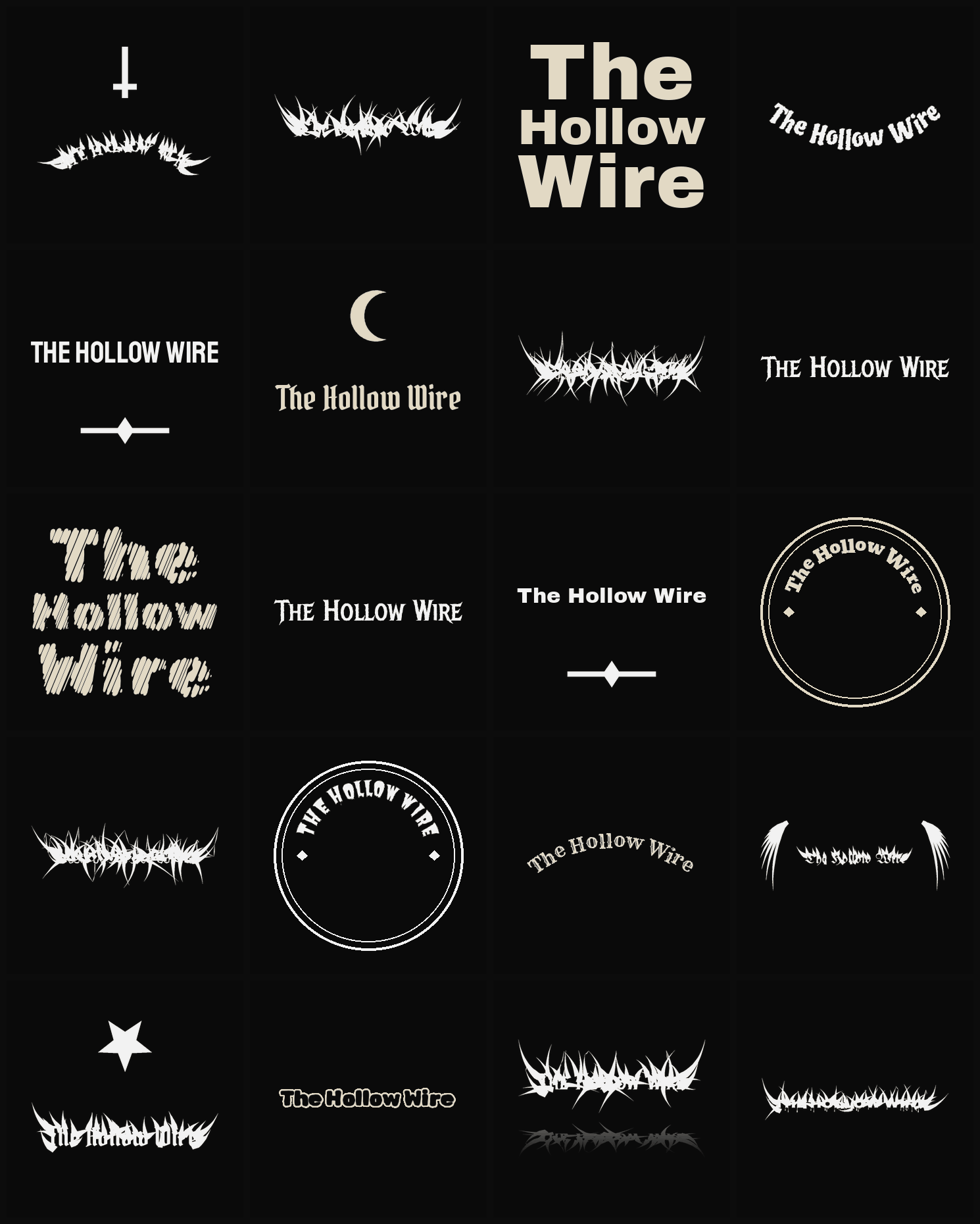 Twenty The Hollow Wire band logo ideas — different faces, treatments and spike settings