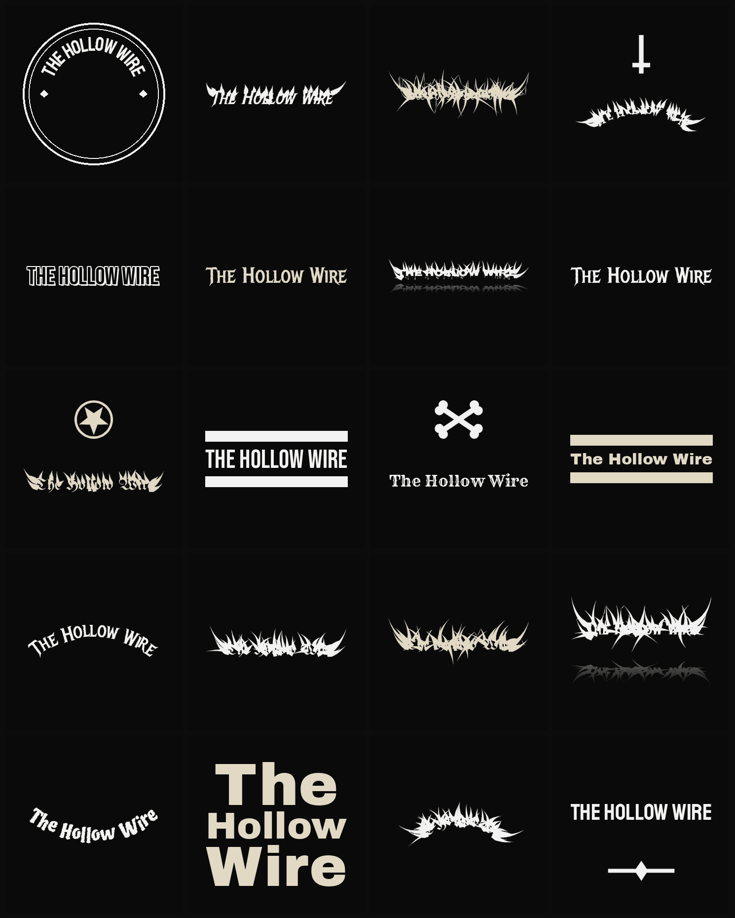Twenty The Hollow Wire band logo ideas — different faces, treatments and spike settings