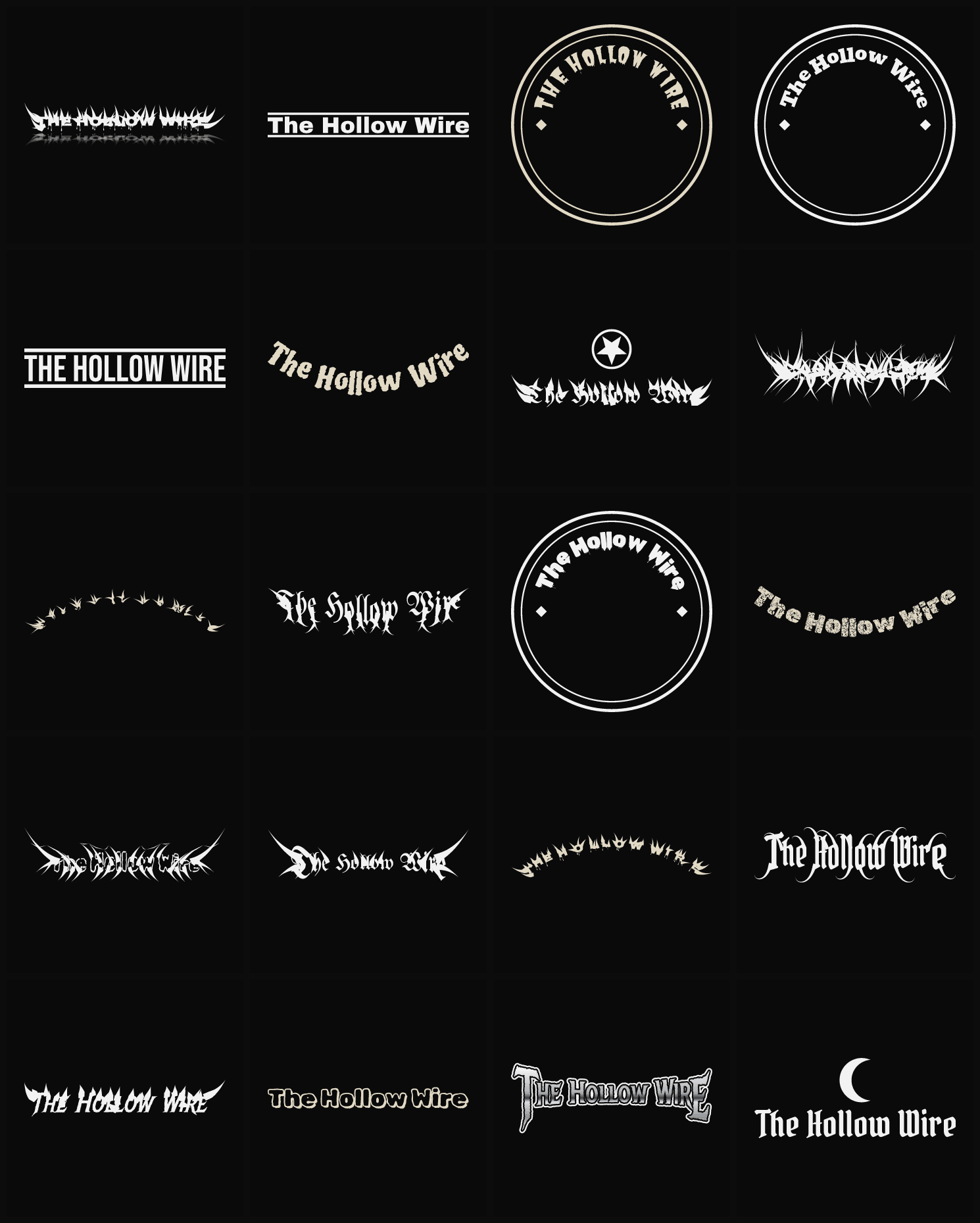 Twenty The Hollow Wire band logo ideas — different faces, treatments and spike settings