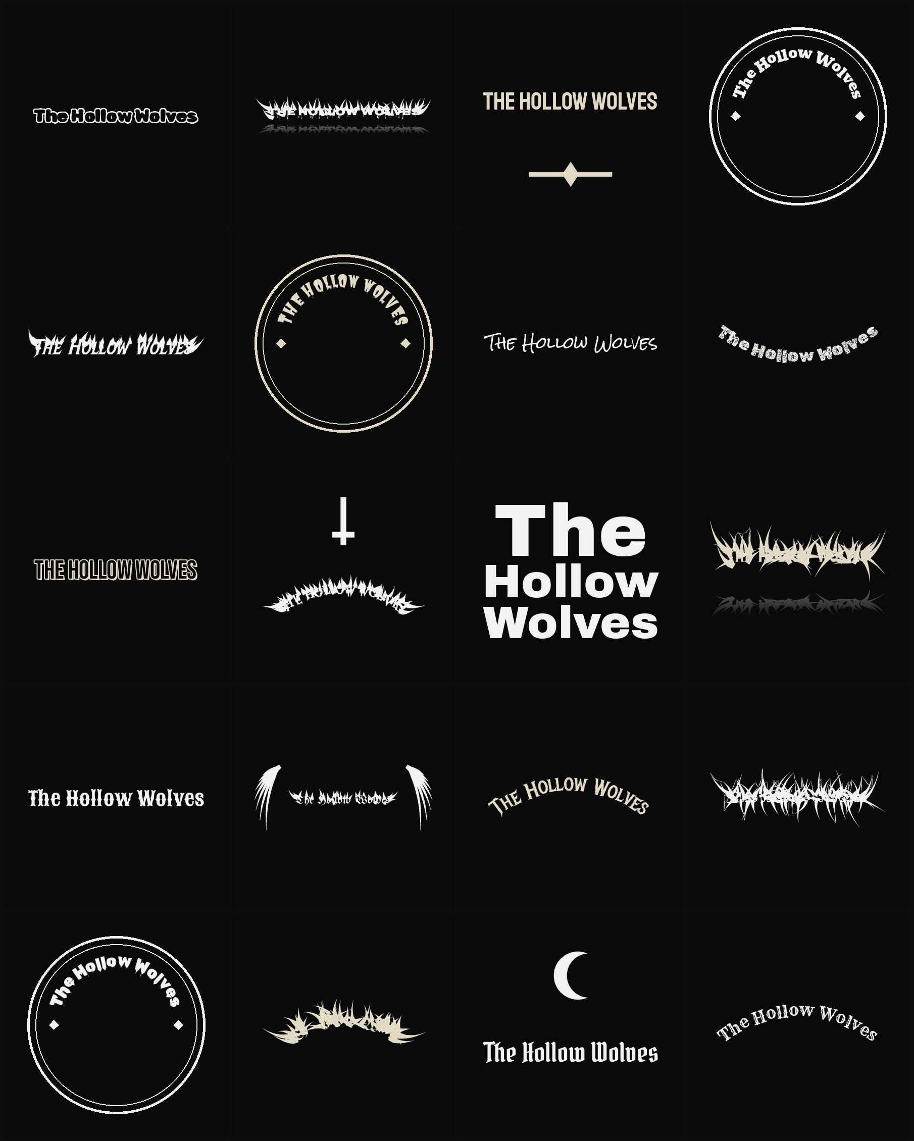 Twenty The Hollow Wolves band logo ideas — different faces, treatments and spike settings