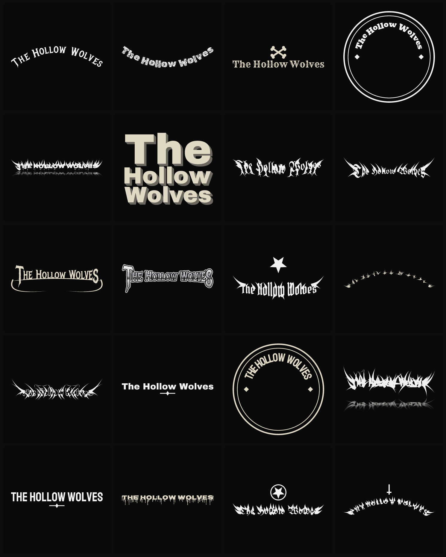 Twenty The Hollow Wolves band logo ideas — different faces, treatments and spike settings