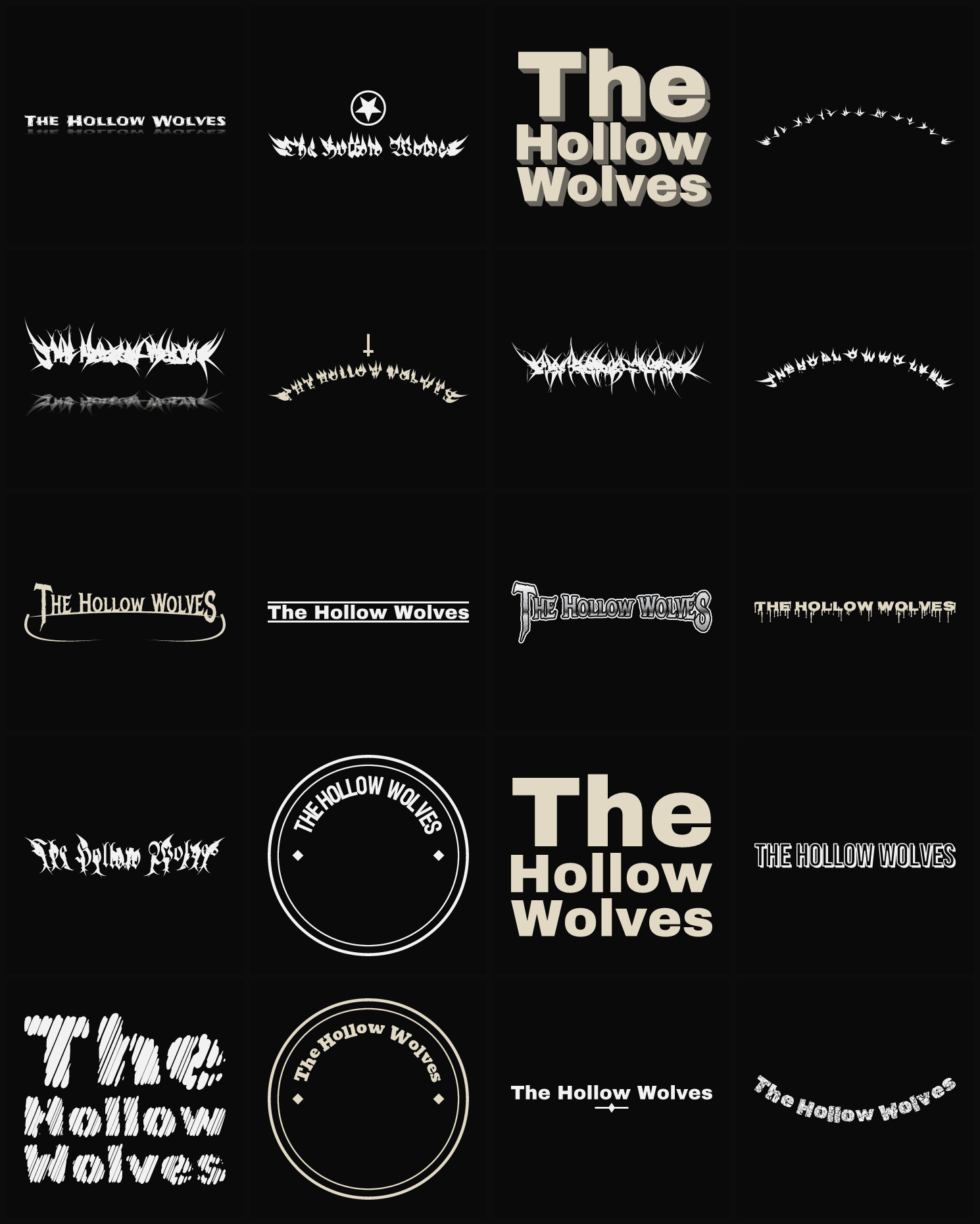 Twenty The Hollow Wolves band logo ideas — different faces, treatments and spike settings