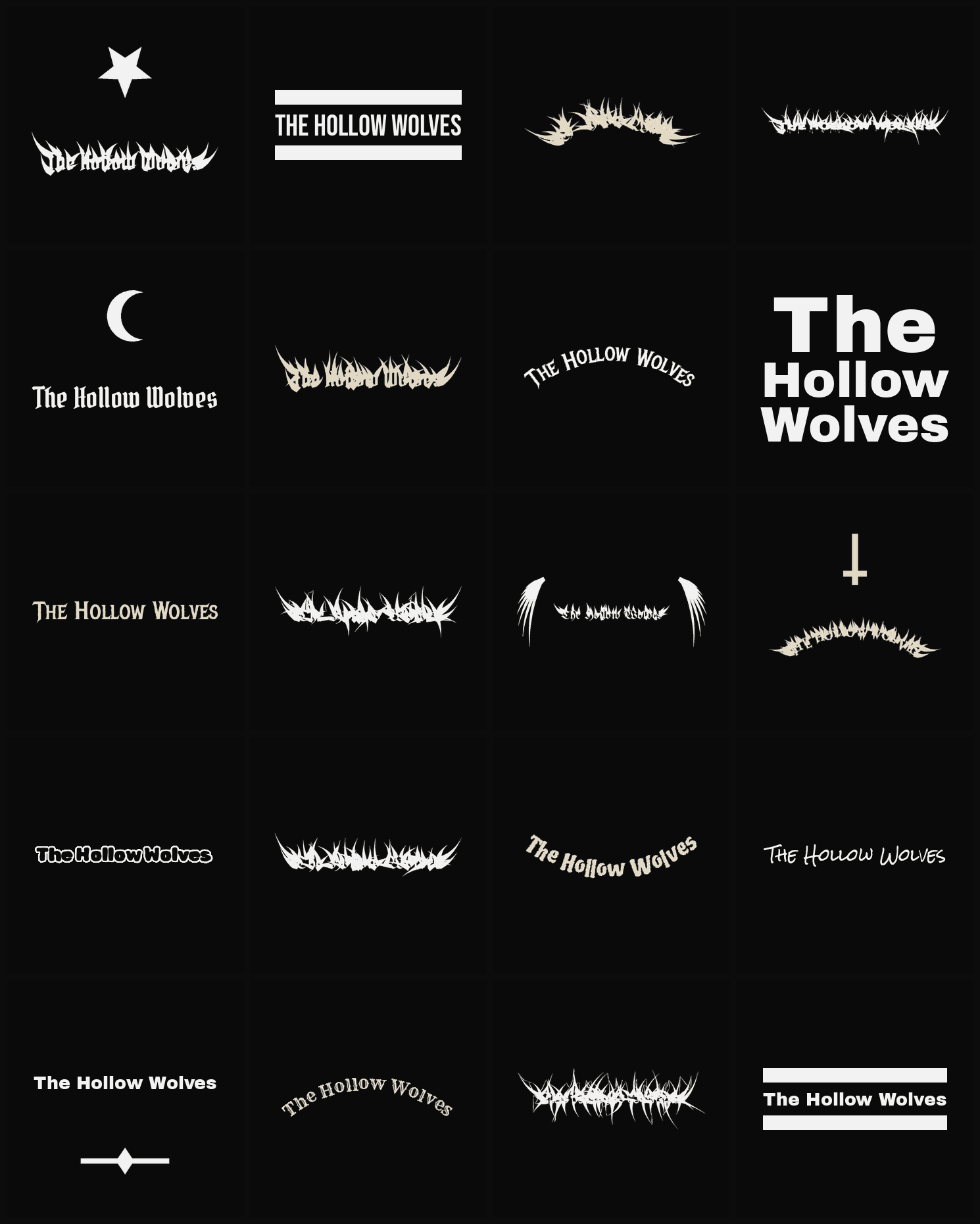 Twenty The Hollow Wolves band logo ideas — different faces, treatments and spike settings