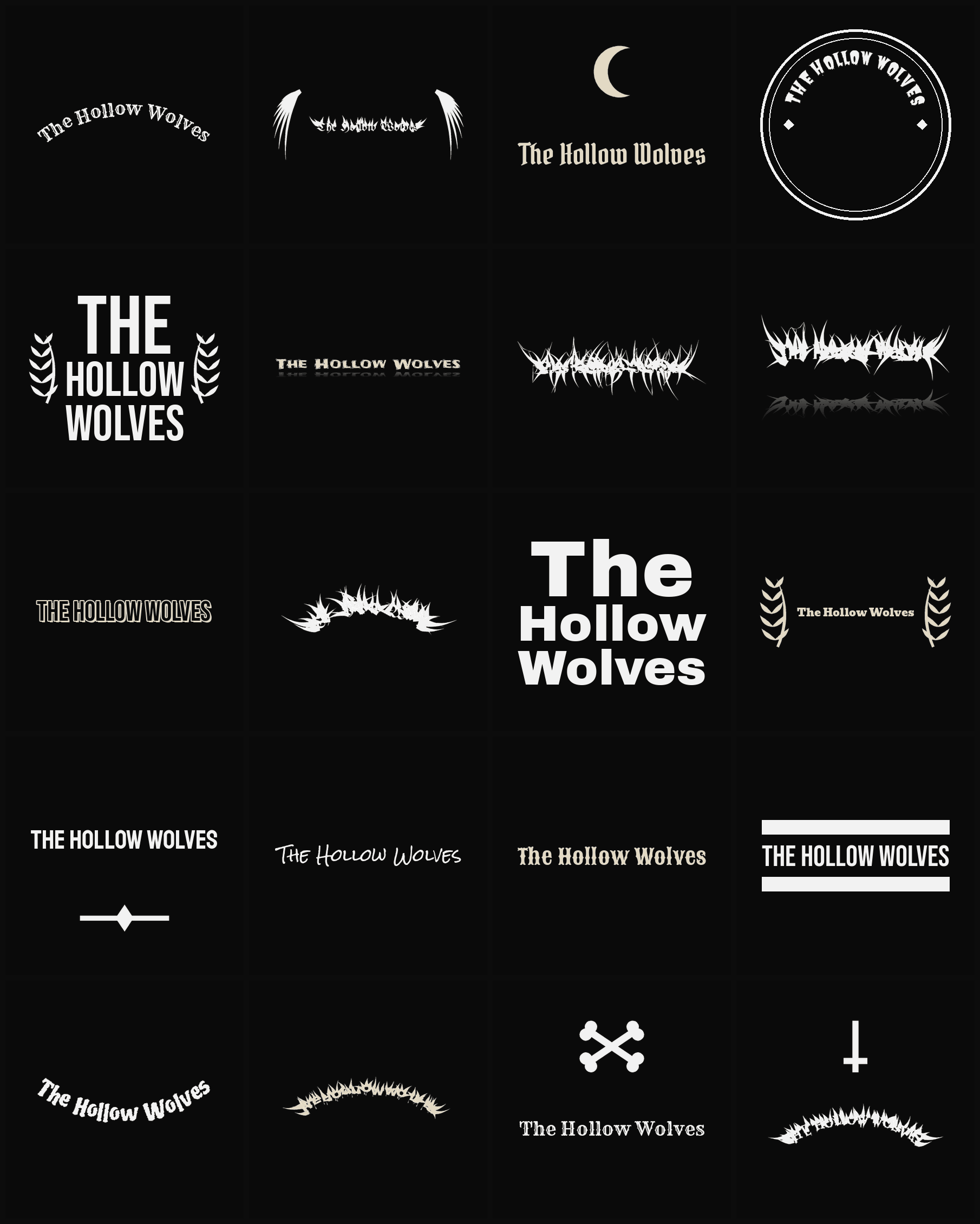 Twenty The Hollow Wolves band logo ideas — different faces, treatments and spike settings