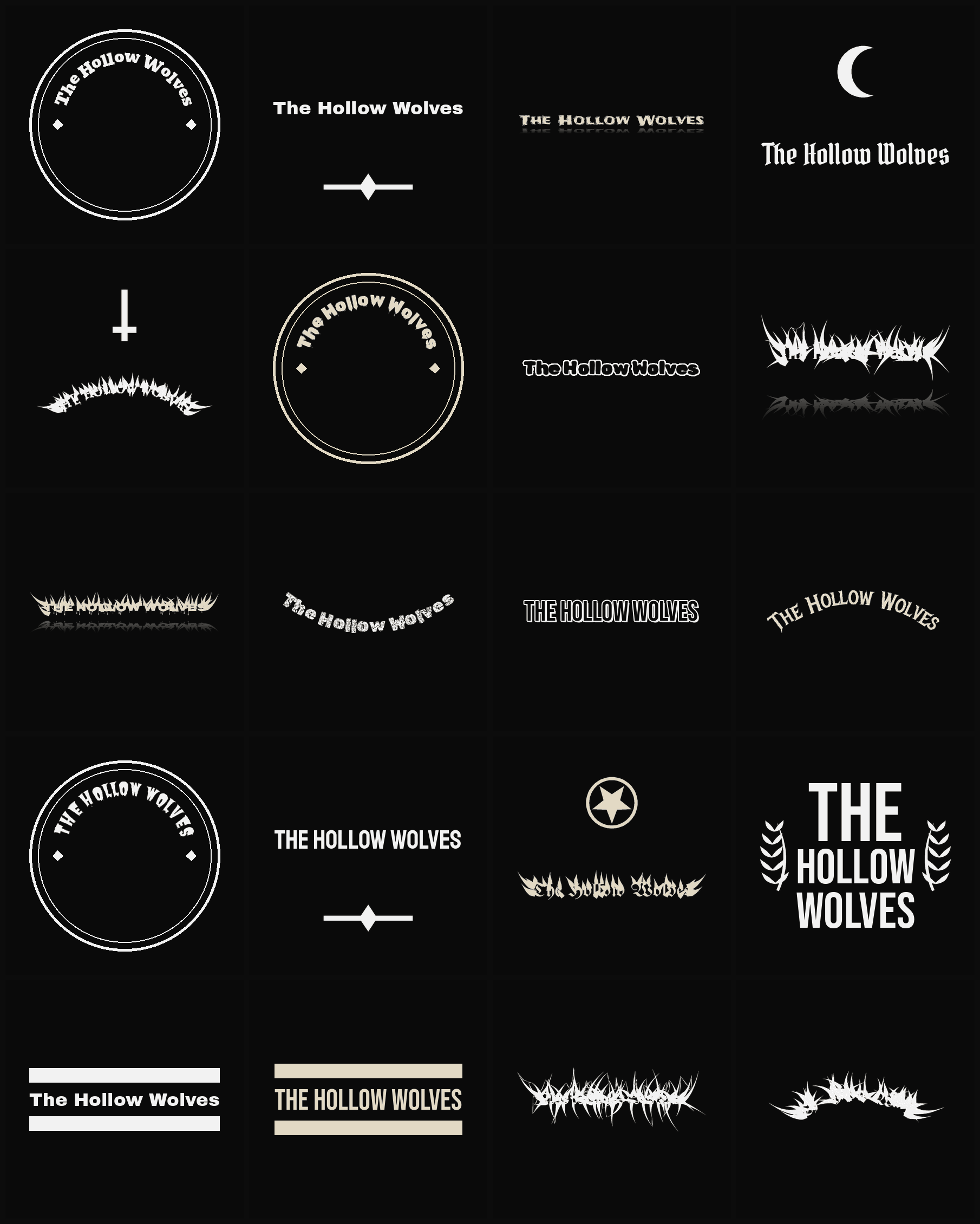 Twenty The Hollow Wolves band logo ideas — different faces, treatments and spike settings
