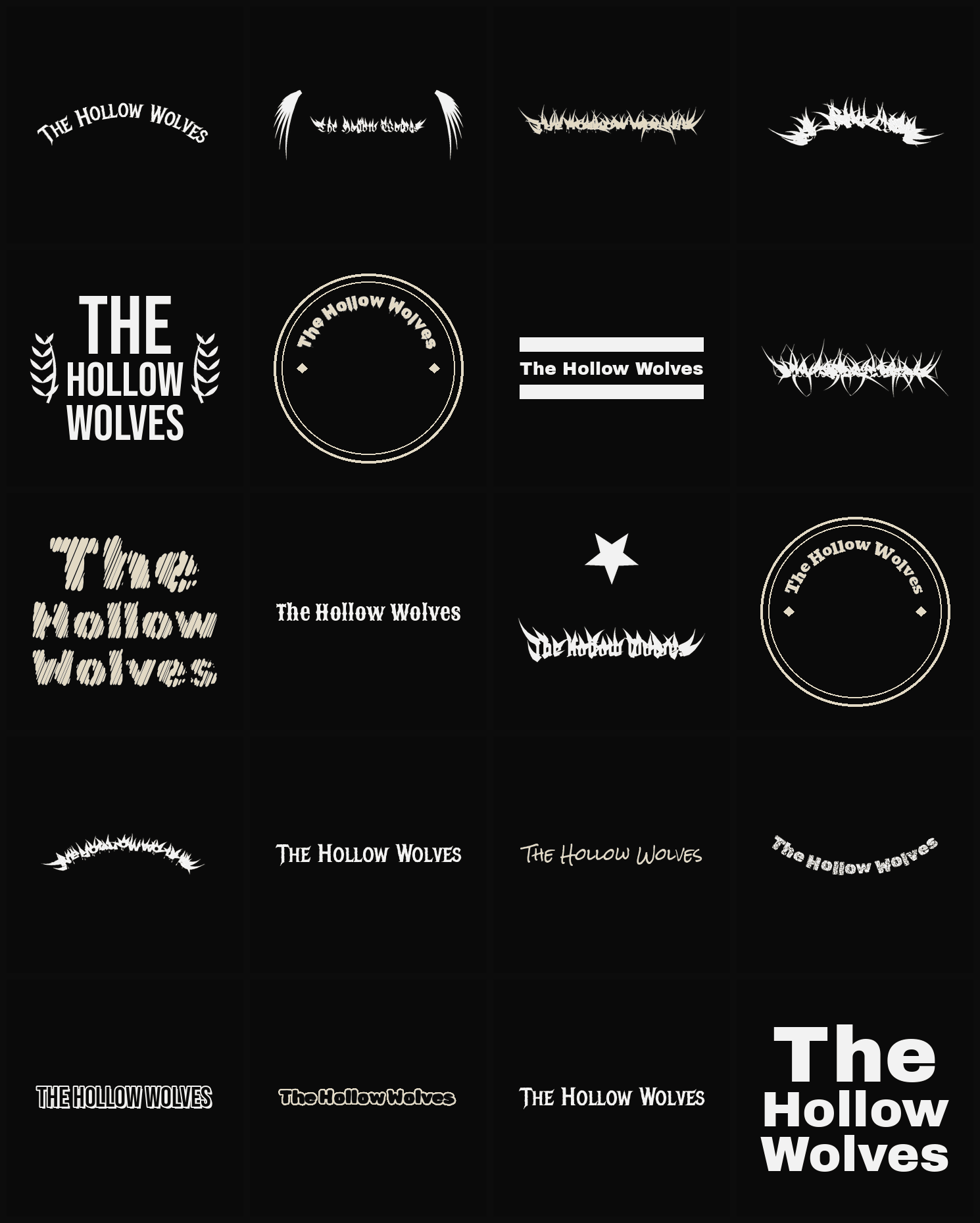 Twenty The Hollow Wolves band logo ideas — different faces, treatments and spike settings