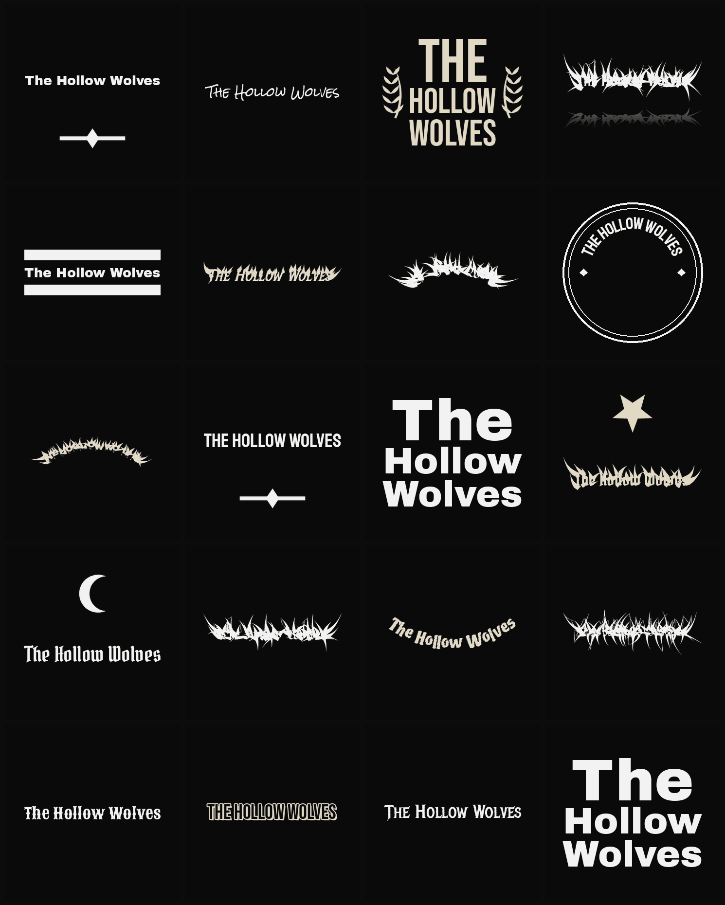 Twenty The Hollow Wolves band logo ideas — different faces, treatments and spike settings